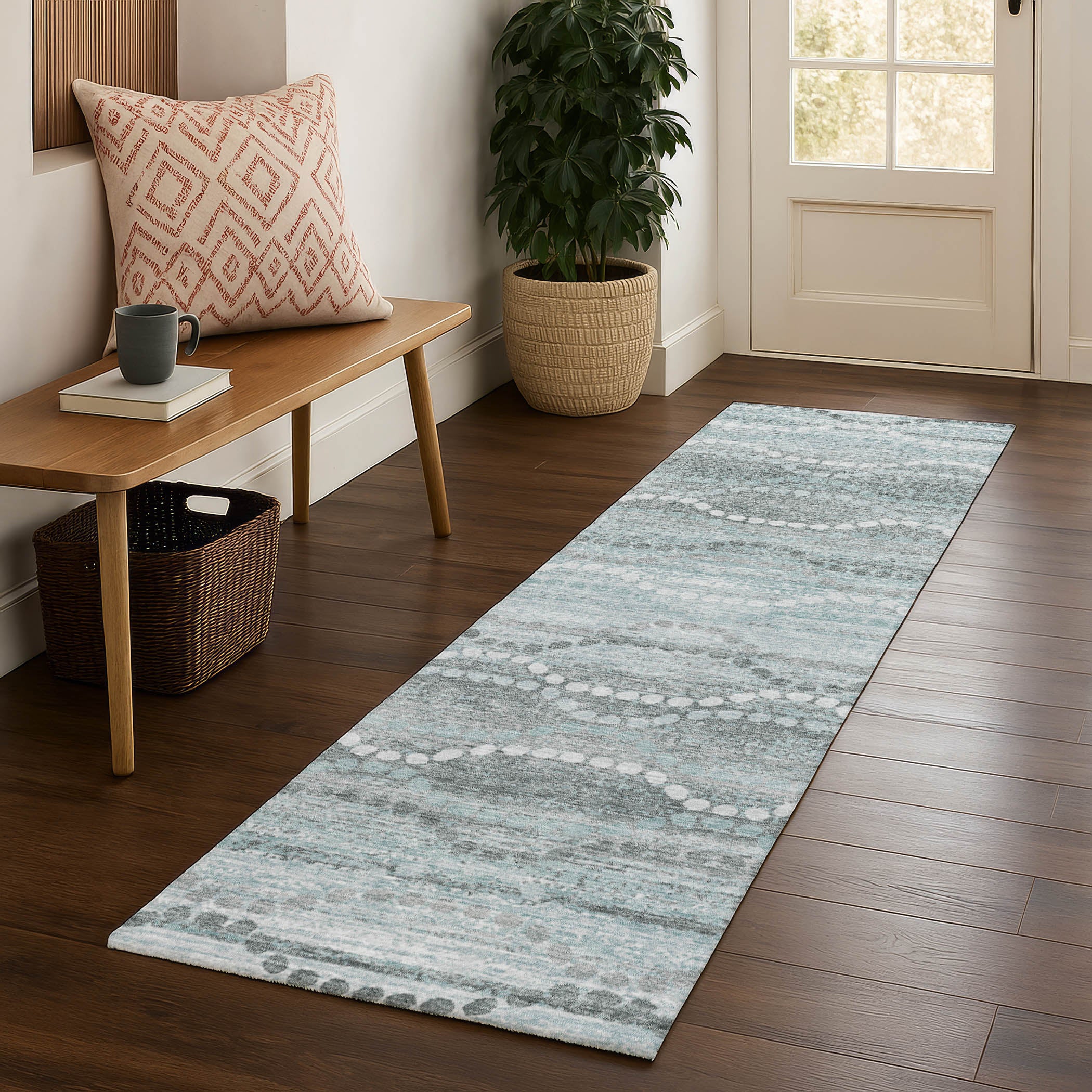 Queenstown Machine Washable Transitional Teal Rug 2'3" x 7'6" #shape_Runner