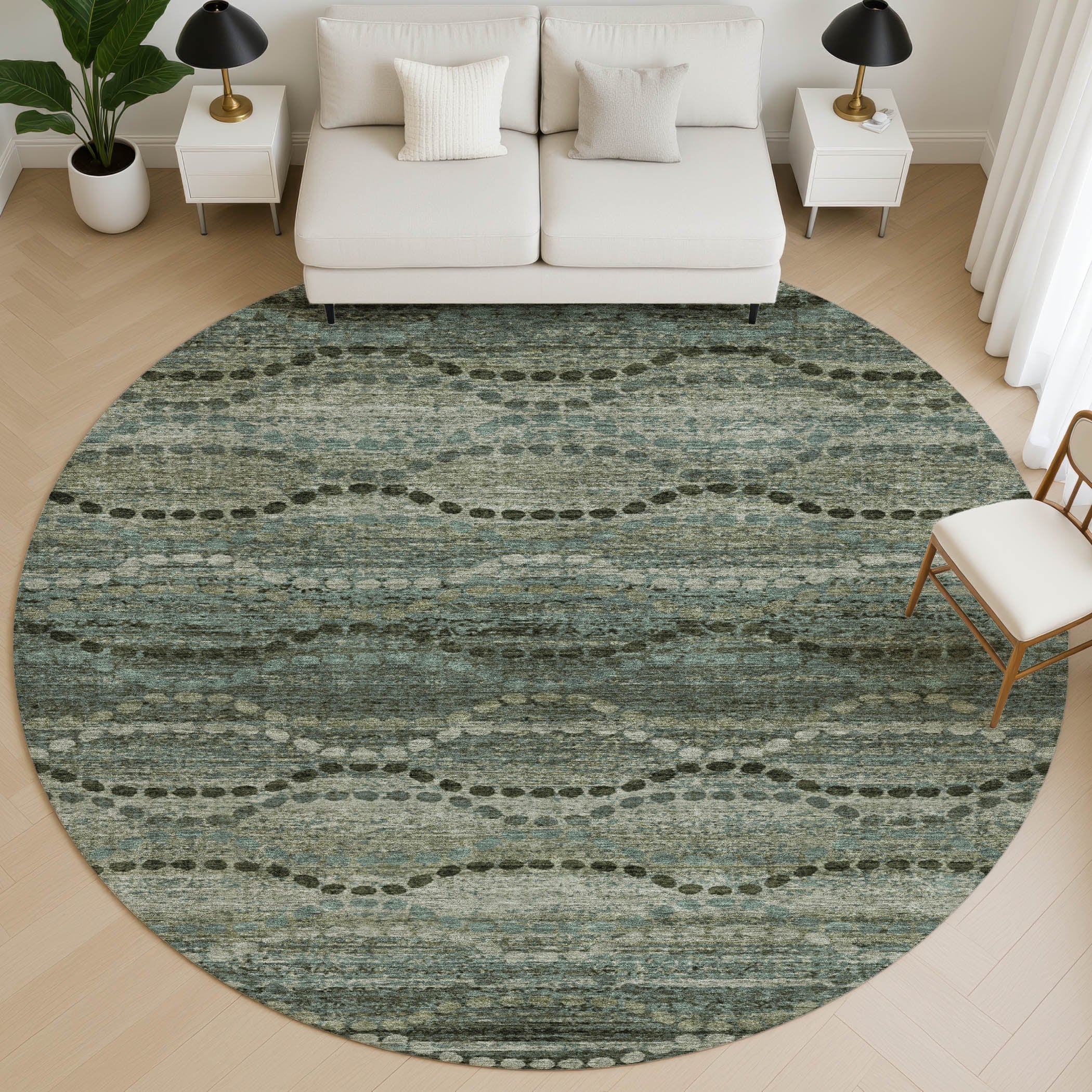 Athens Machine Washable Transitional Aloe Green Rug 8' x 8' #shape_Round