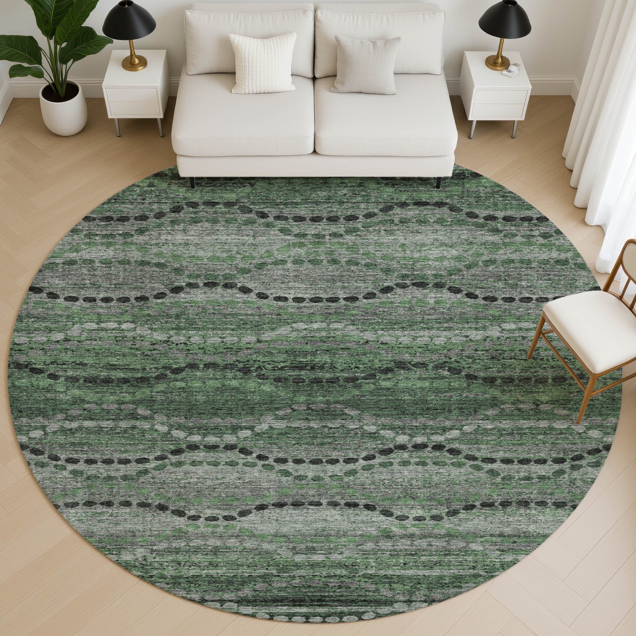 Athens Machine Washable Transitional Olive Green Rug 8' x 8' #shape_Round