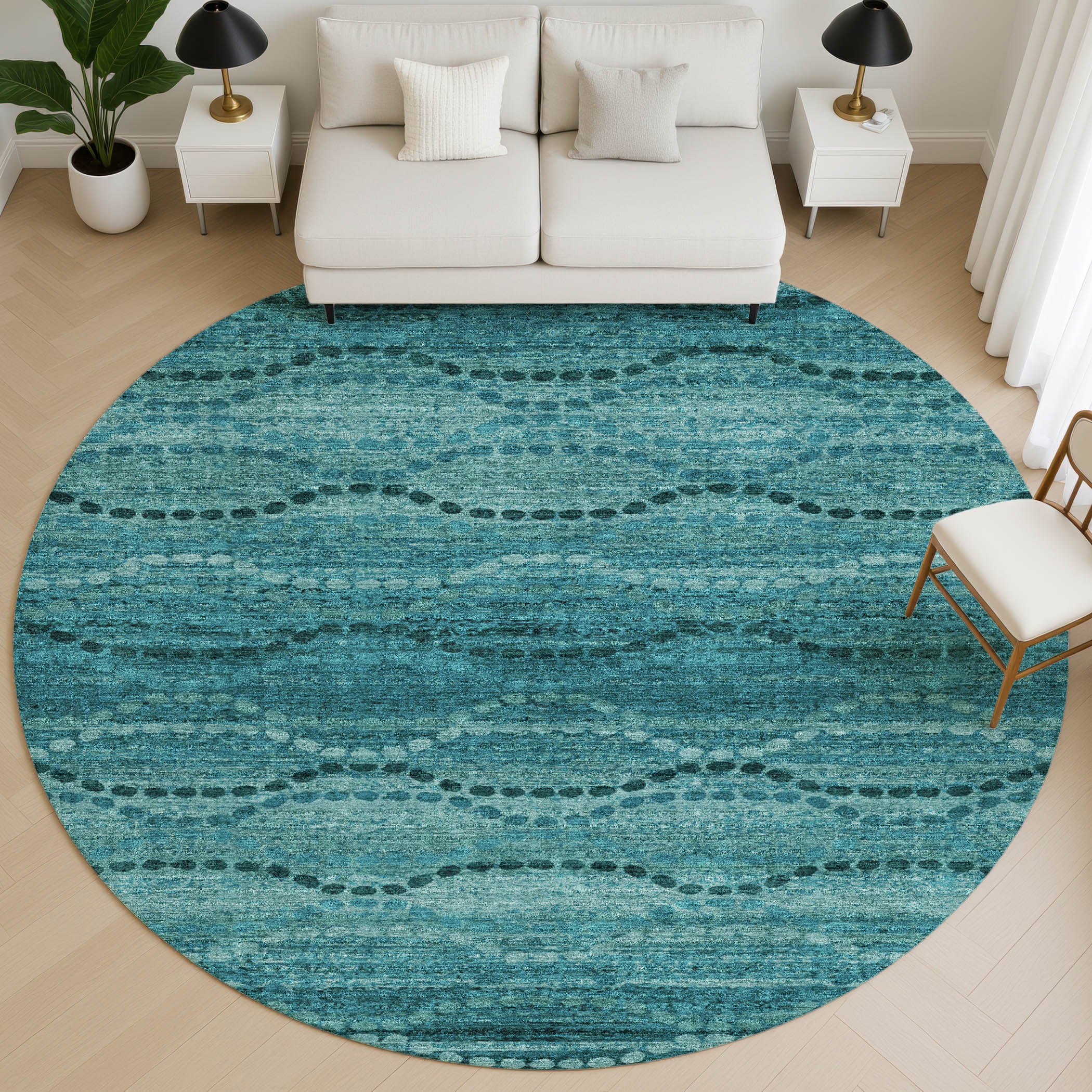 Athens Machine Washable Transitional Turquoise Teal Rug 8' x 8' #shape_Round