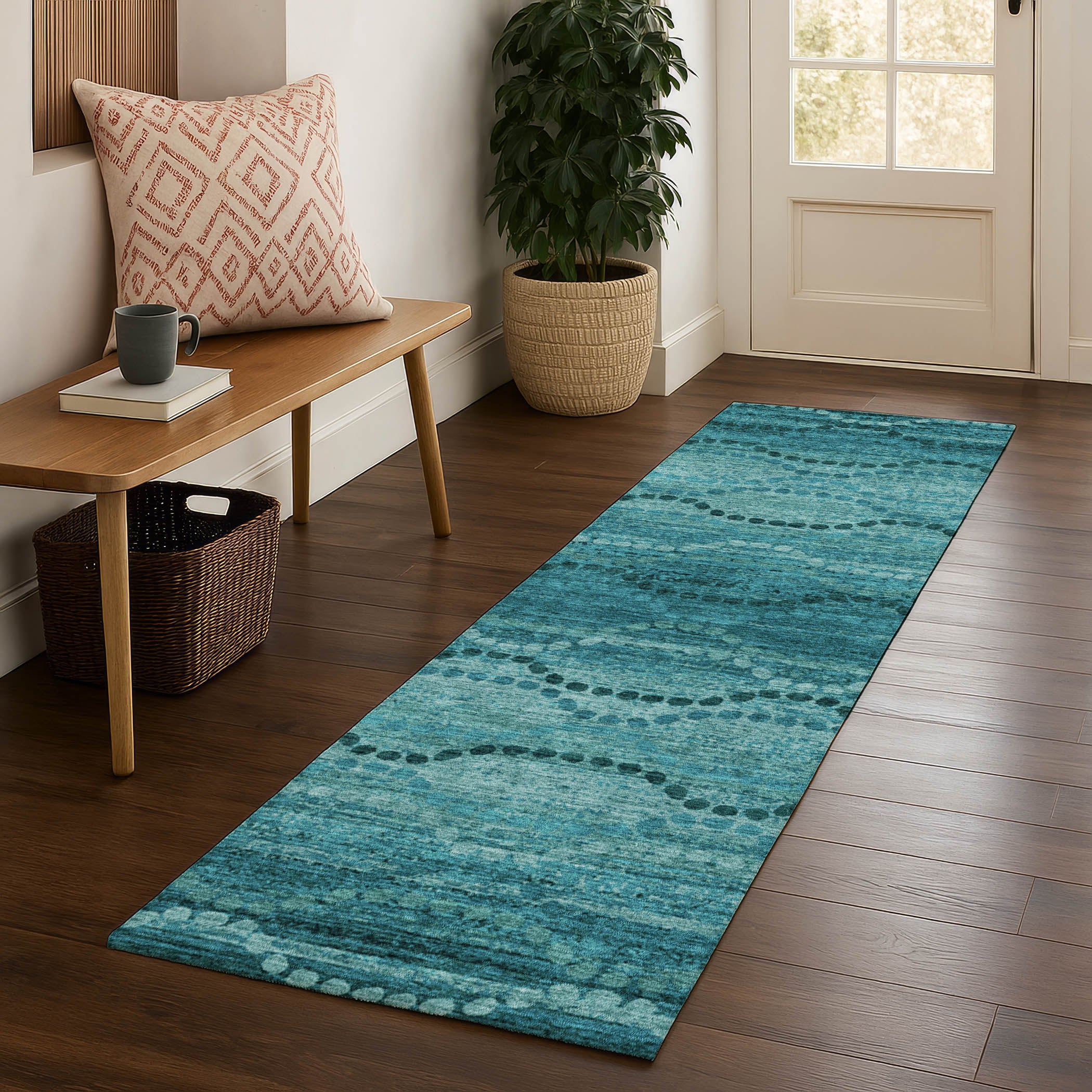 Athens Machine Washable Transitional Turquoise Teal Rug 2'3" x 7'6" #shape_Runner