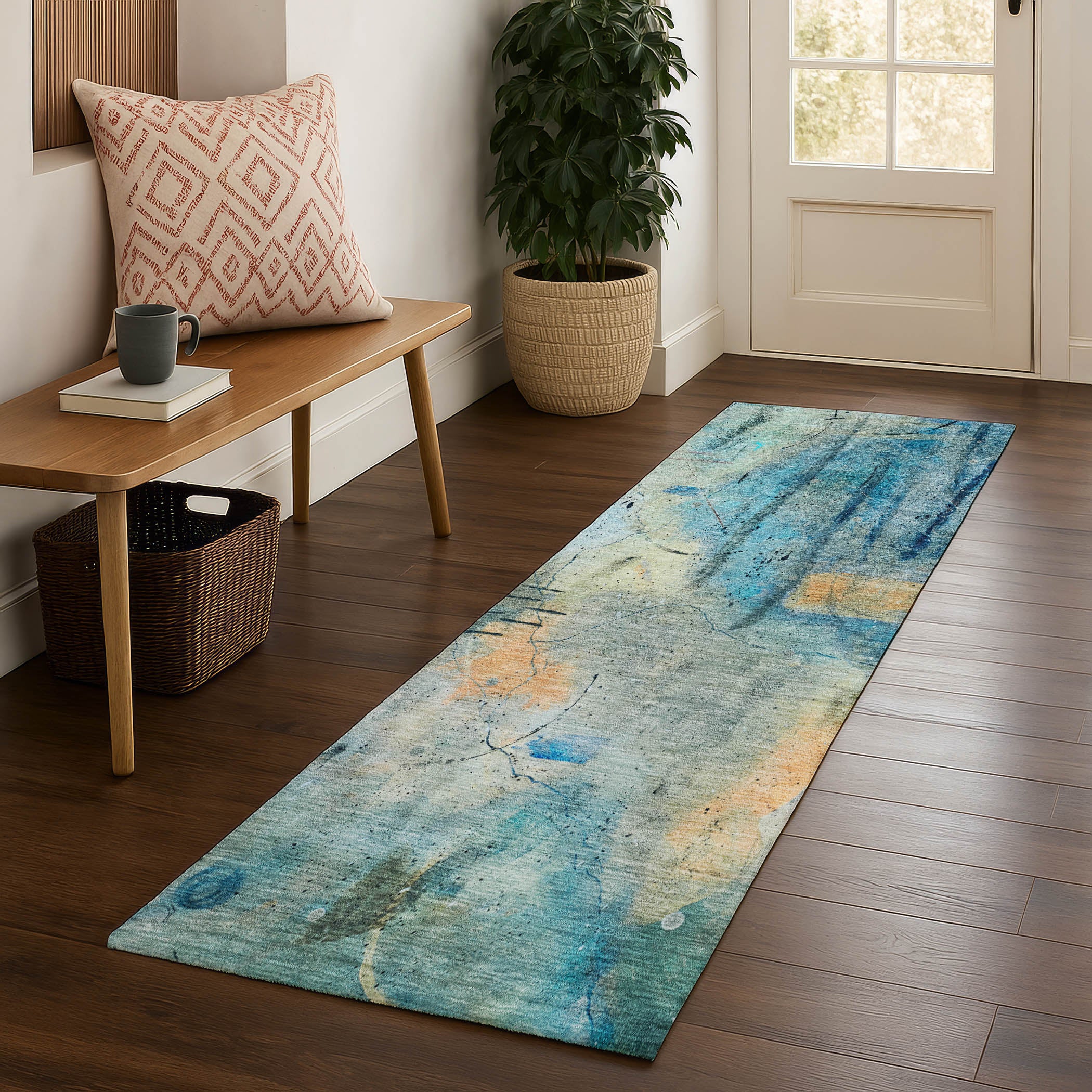 Cusco Machine Washable Transitional Teal Rug 2'3" x 7'6" #shape_Runner
