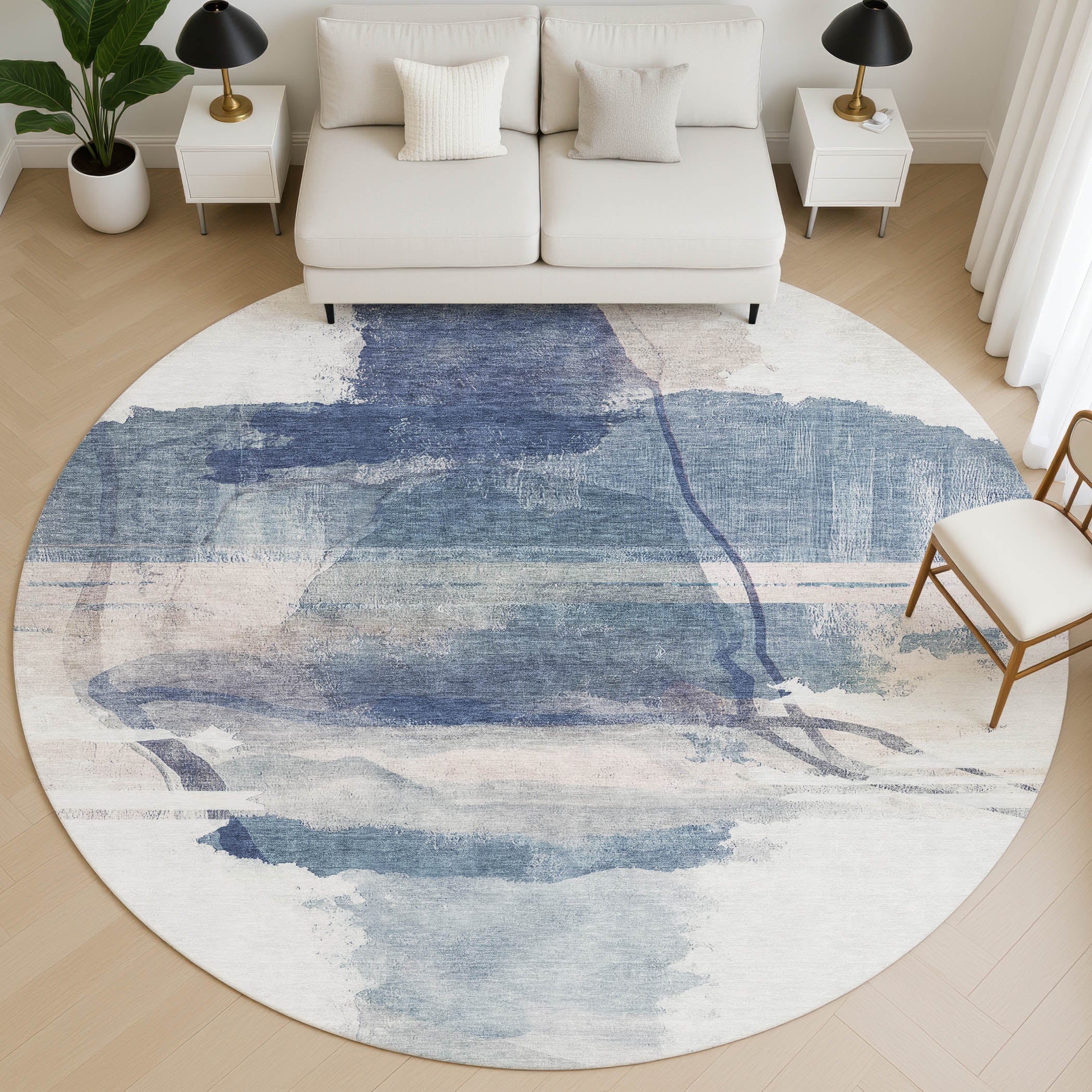 Sarajevo Machine Washable Transitional Blue Rug 8' x 8' #shape_Round
