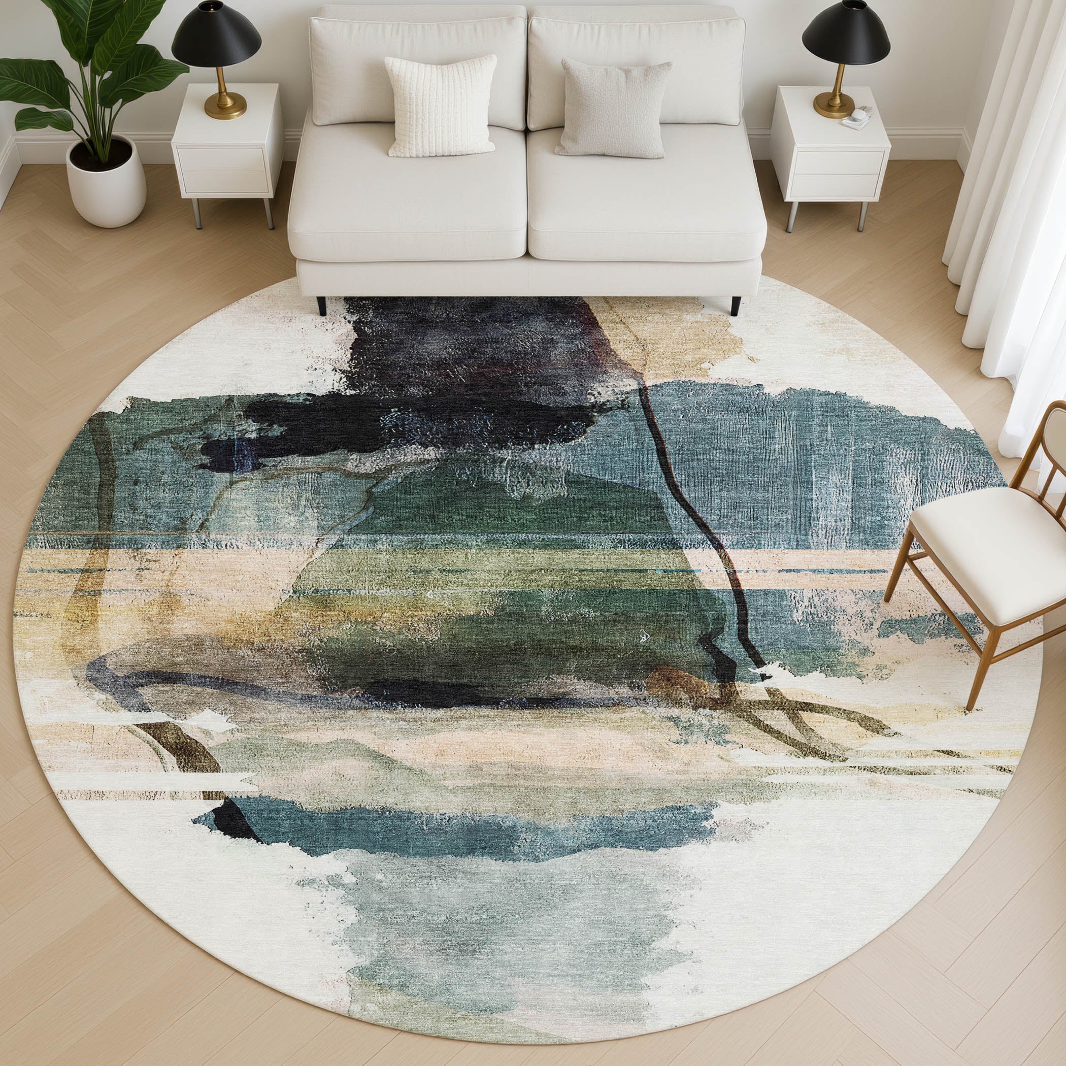 Sarajevo Machine Washable Transitional Green Rug 8' x 8' #shape_Round
