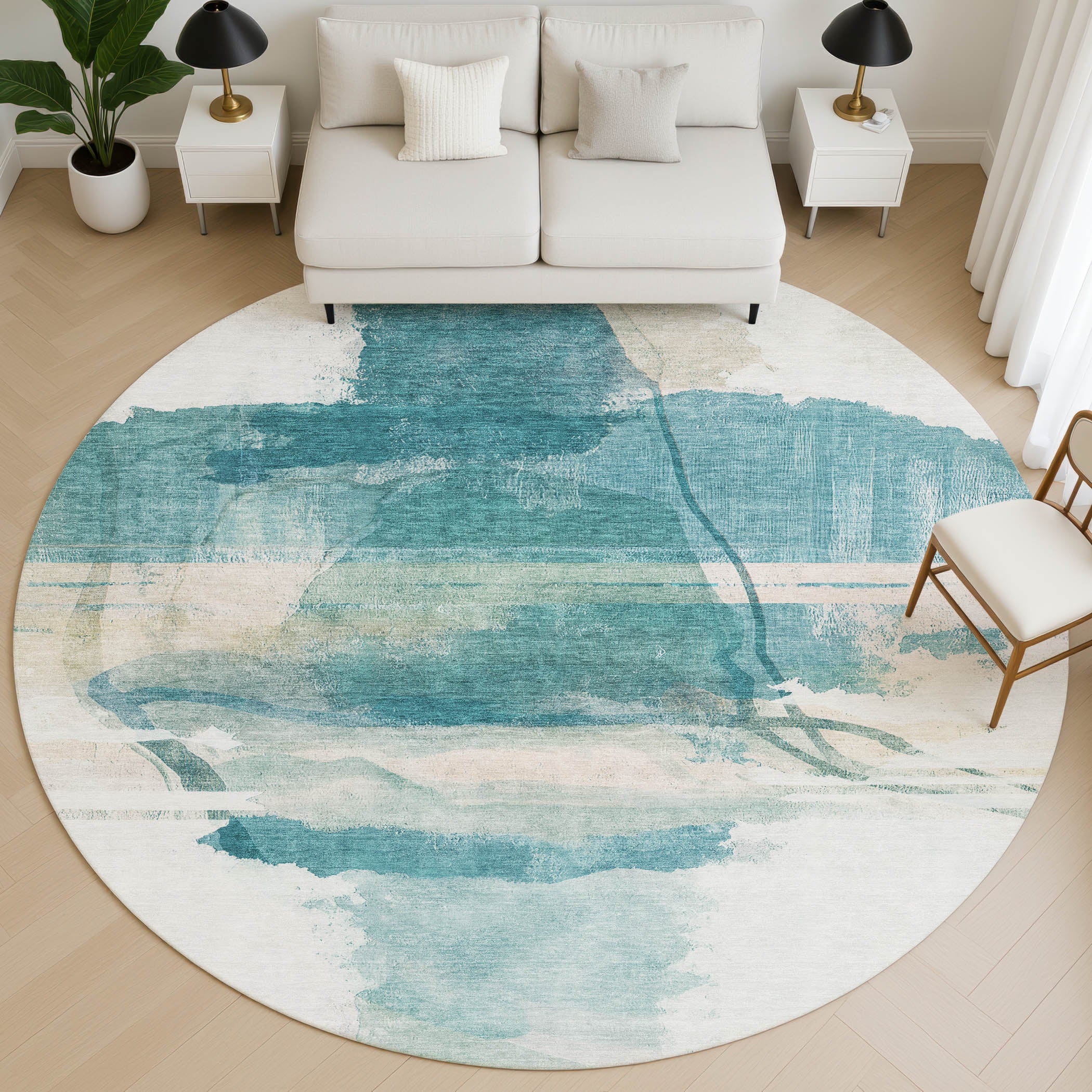 Sarajevo Machine Washable Transitional Teal Rug 8' x 8' #shape_Round