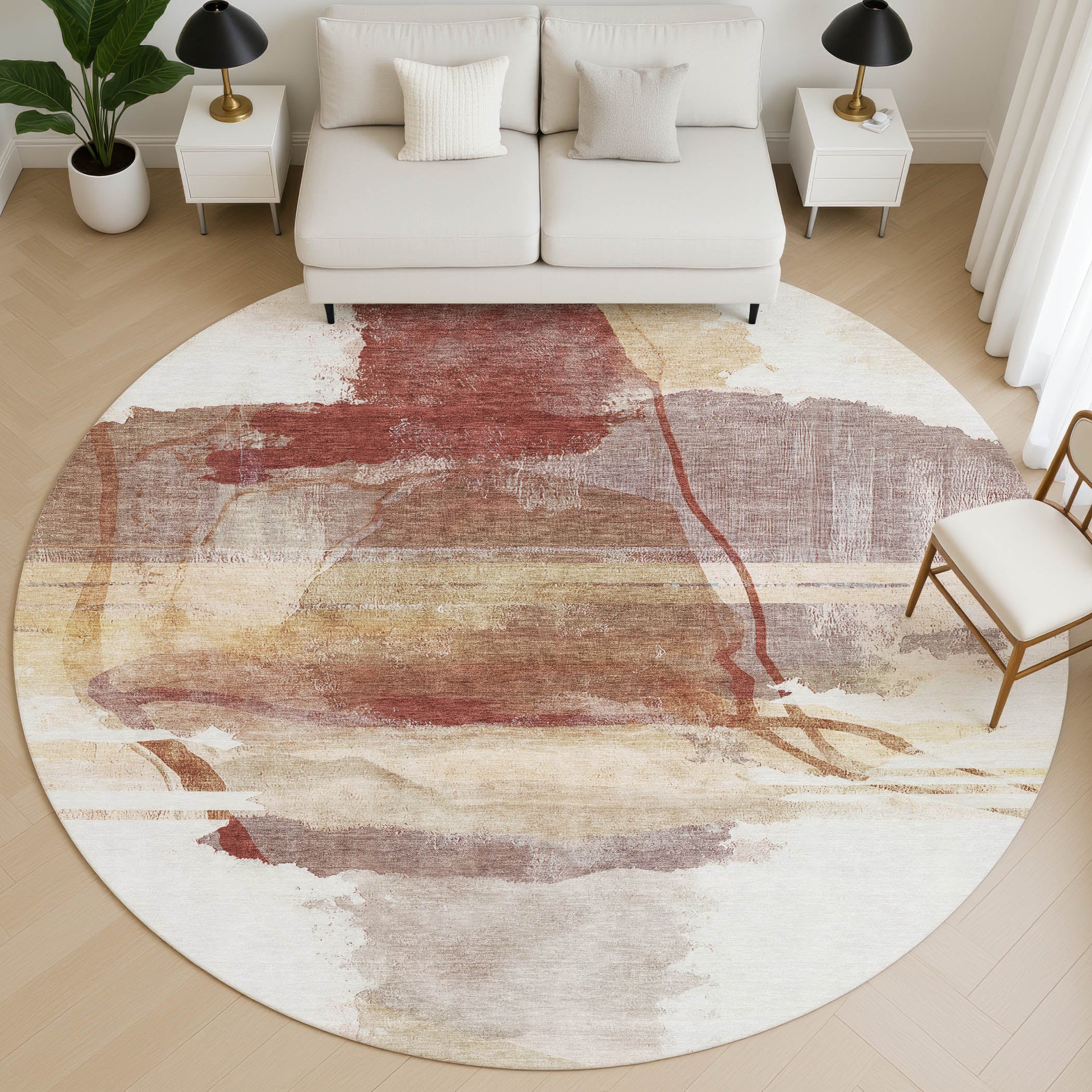 Sarajevo Machine Washable Transitional Terracotta Orange Rug 8' x 8' #shape_Round