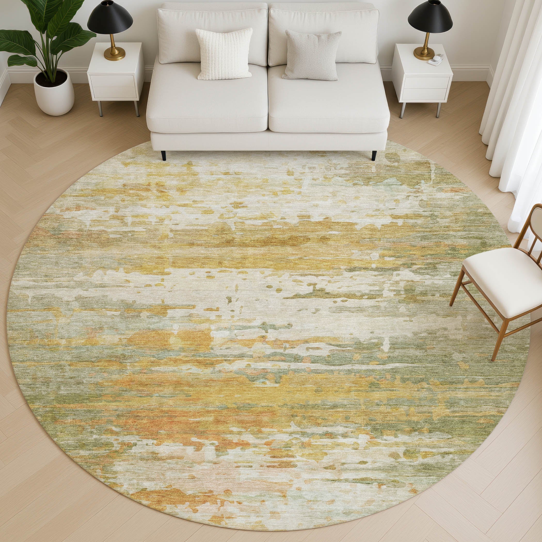 Sarajevo Machine Washable Transitional Aloe Green Rug 8' x 8' #shape_Round
