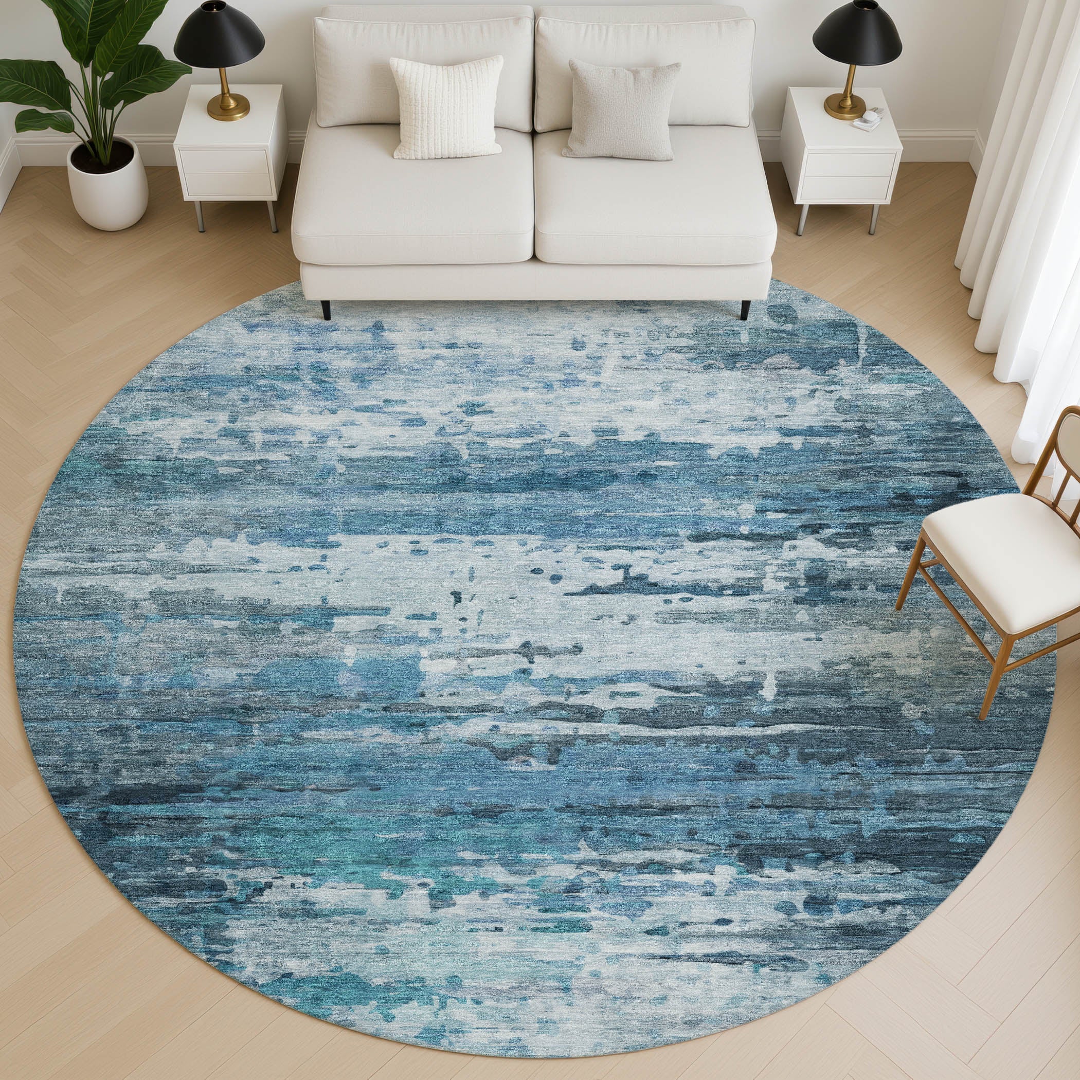Sarajevo Machine Washable Transitional Blue Rug 8' x 8' #shape_Round
