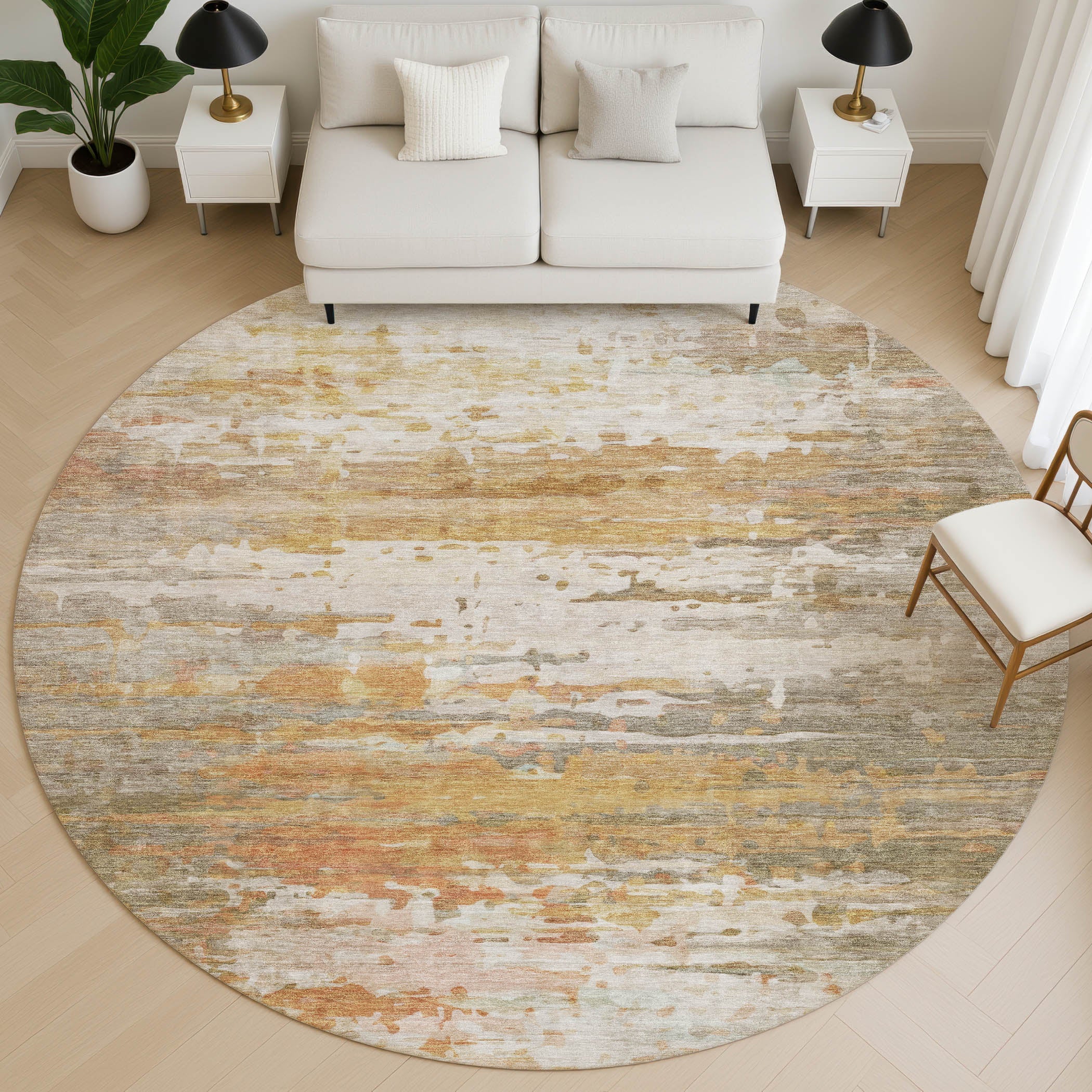 Sarajevo Machine Washable Transitional Khaki Brown Rug 8' x 8' #shape_Round