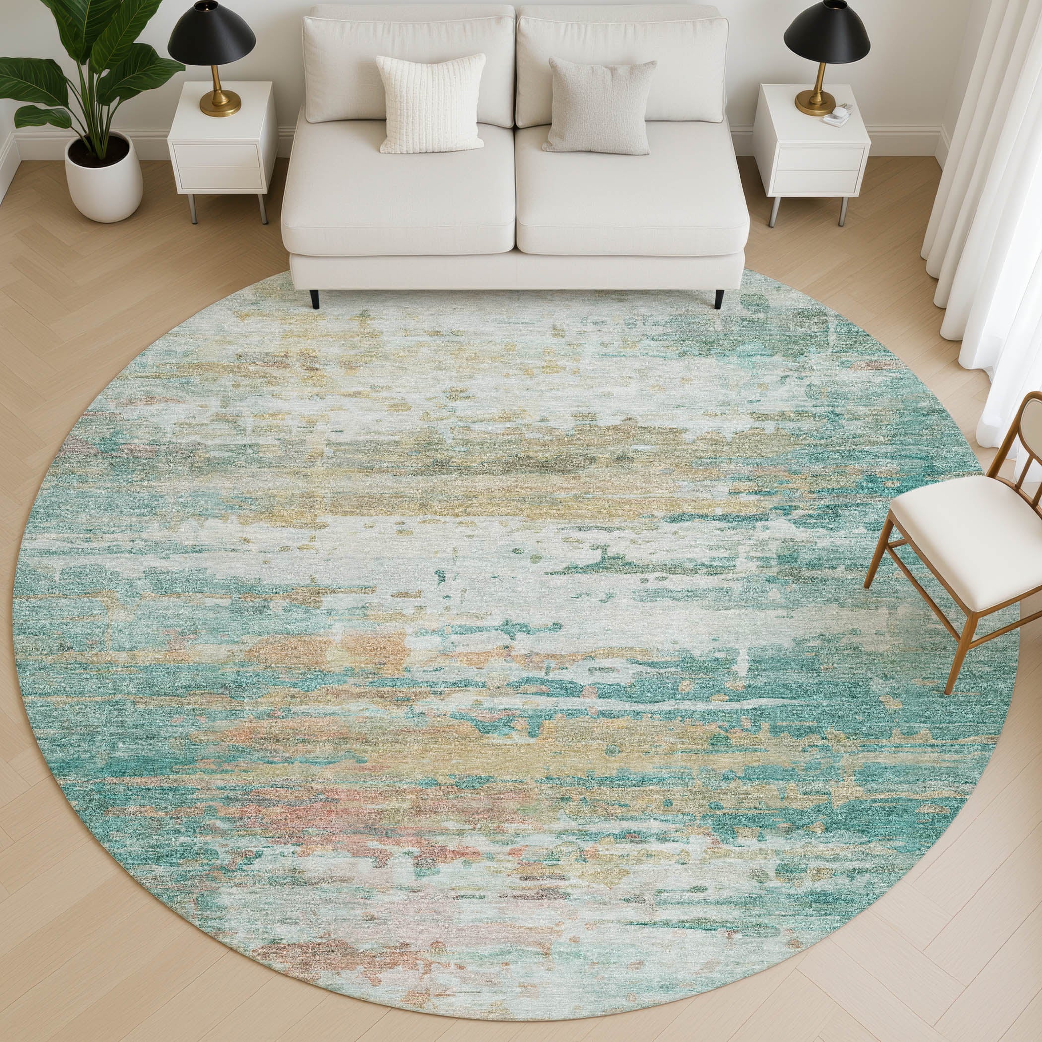Sarajevo Machine Washable Transitional Teal Rug 8' x 8' #shape_Round