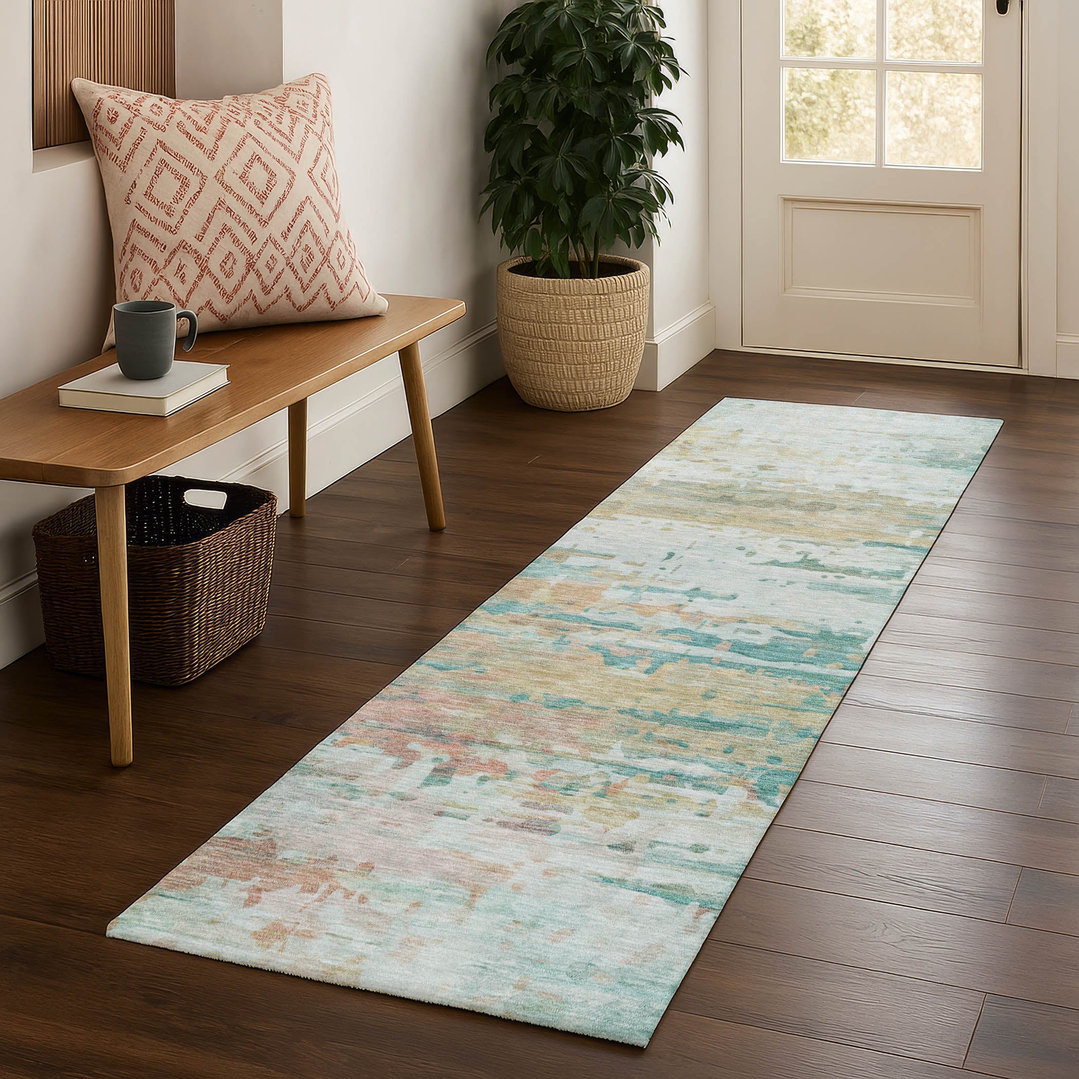 Sarajevo Machine Washable Transitional Teal Rug 2'3" x 7'6" #shape_Runner