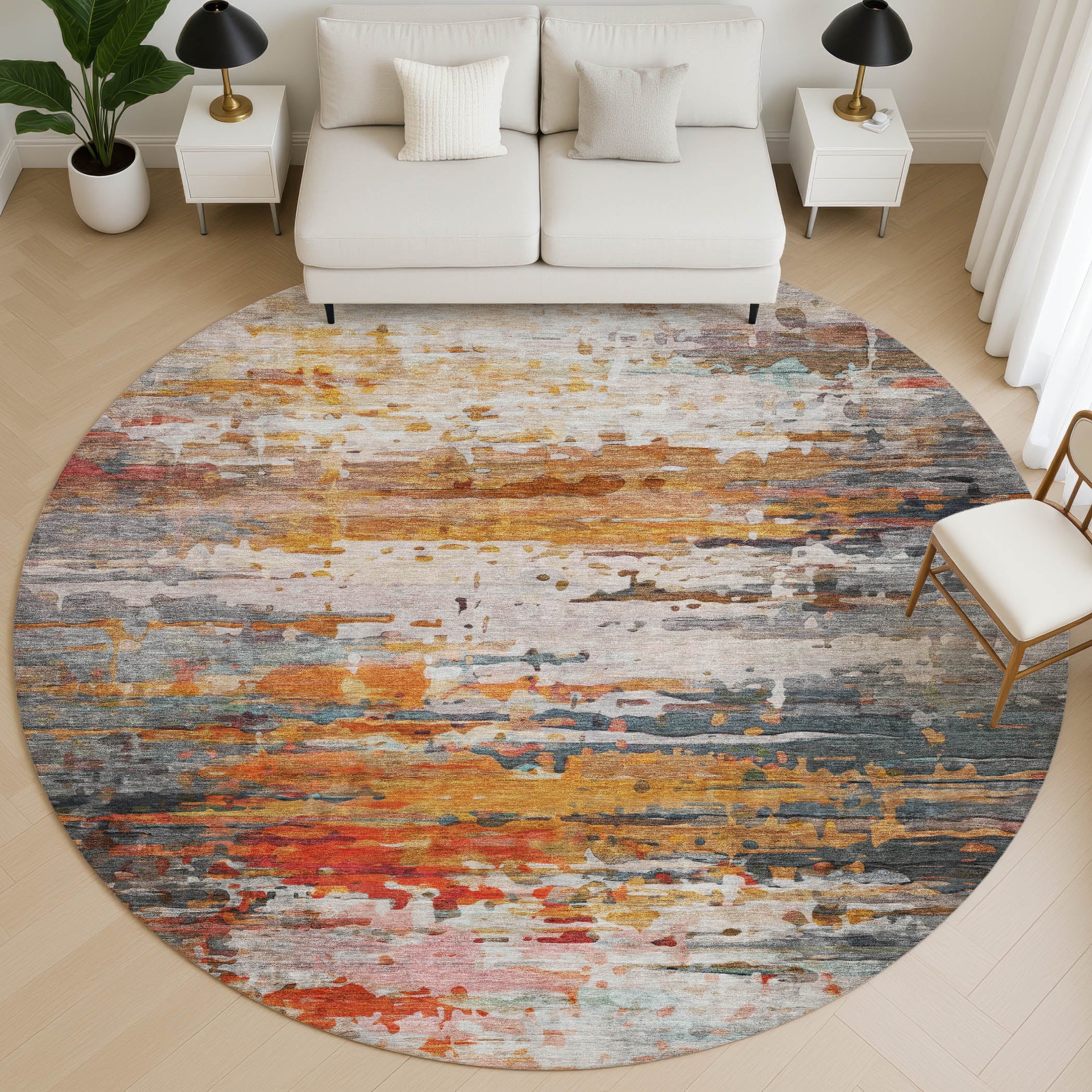 Sarajevo Machine Washable Transitional Terracotta Orange Rug 8' x 8' #shape_Round