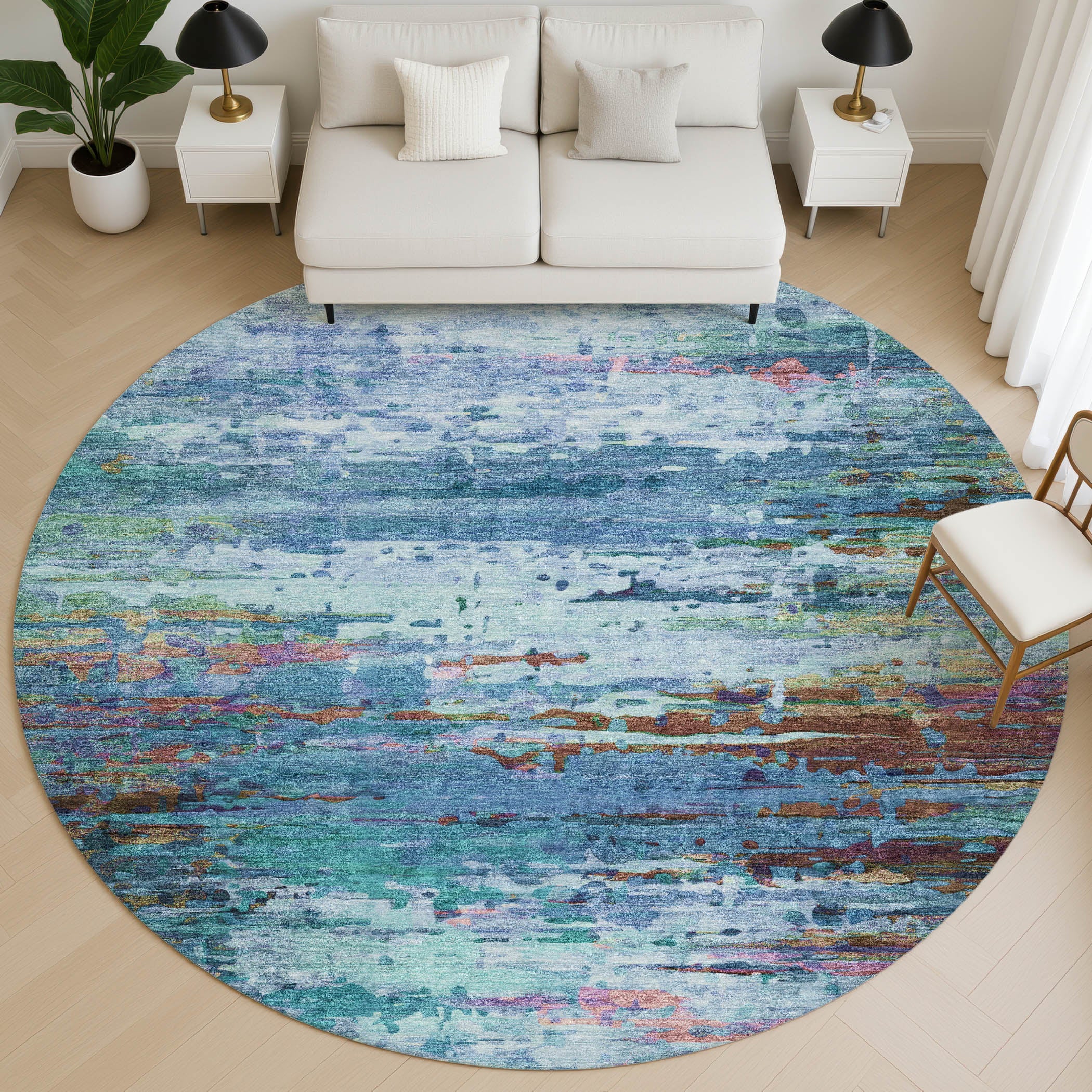 Oaxaca Machine Washable Transitional Blue Rug 8' x 8' #shape_Round