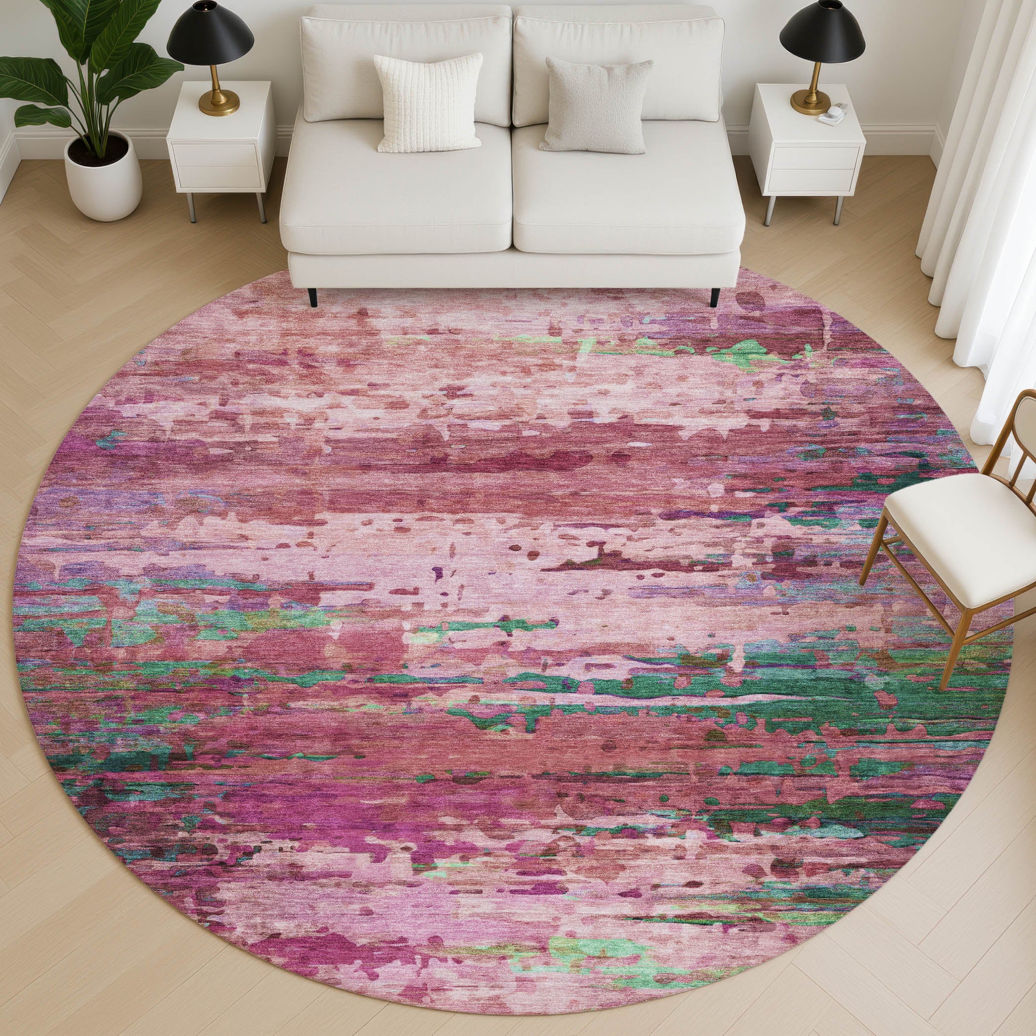 Oaxaca Machine Washable Transitional Pink Rug 8' x 8' #shape_Round