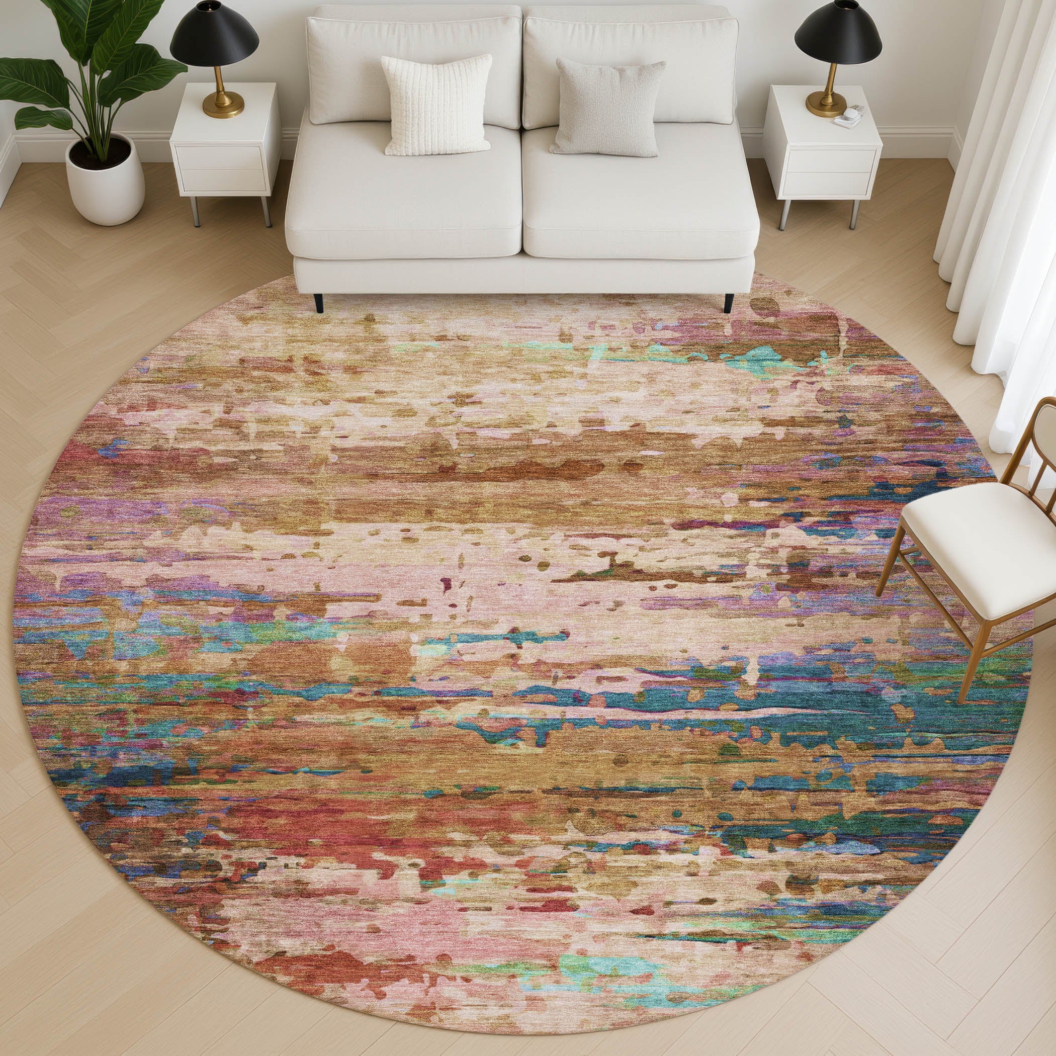 Oaxaca Machine Washable Transitional Sage Green Rug 8' x 8' #shape_Round