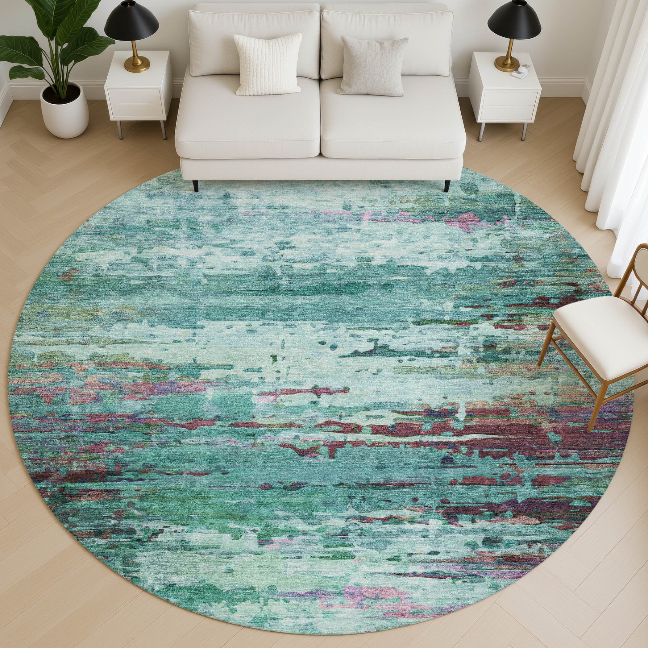 Oaxaca Machine Washable Transitional Teal Rug 8' x 8' #shape_Round
