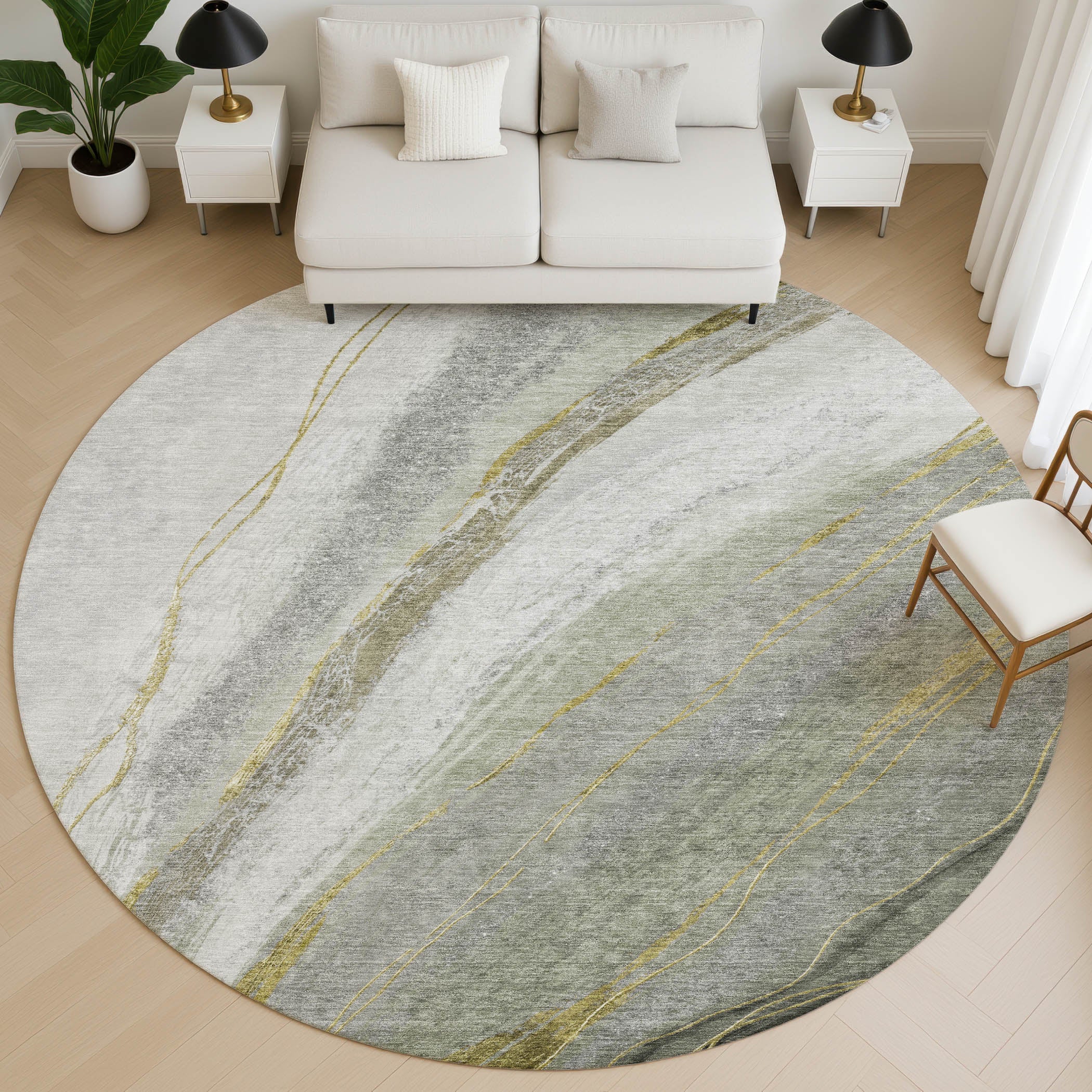 Kyoto Machine Washable Transitional Aloe Green Rug 8' x 8' #shape_Round