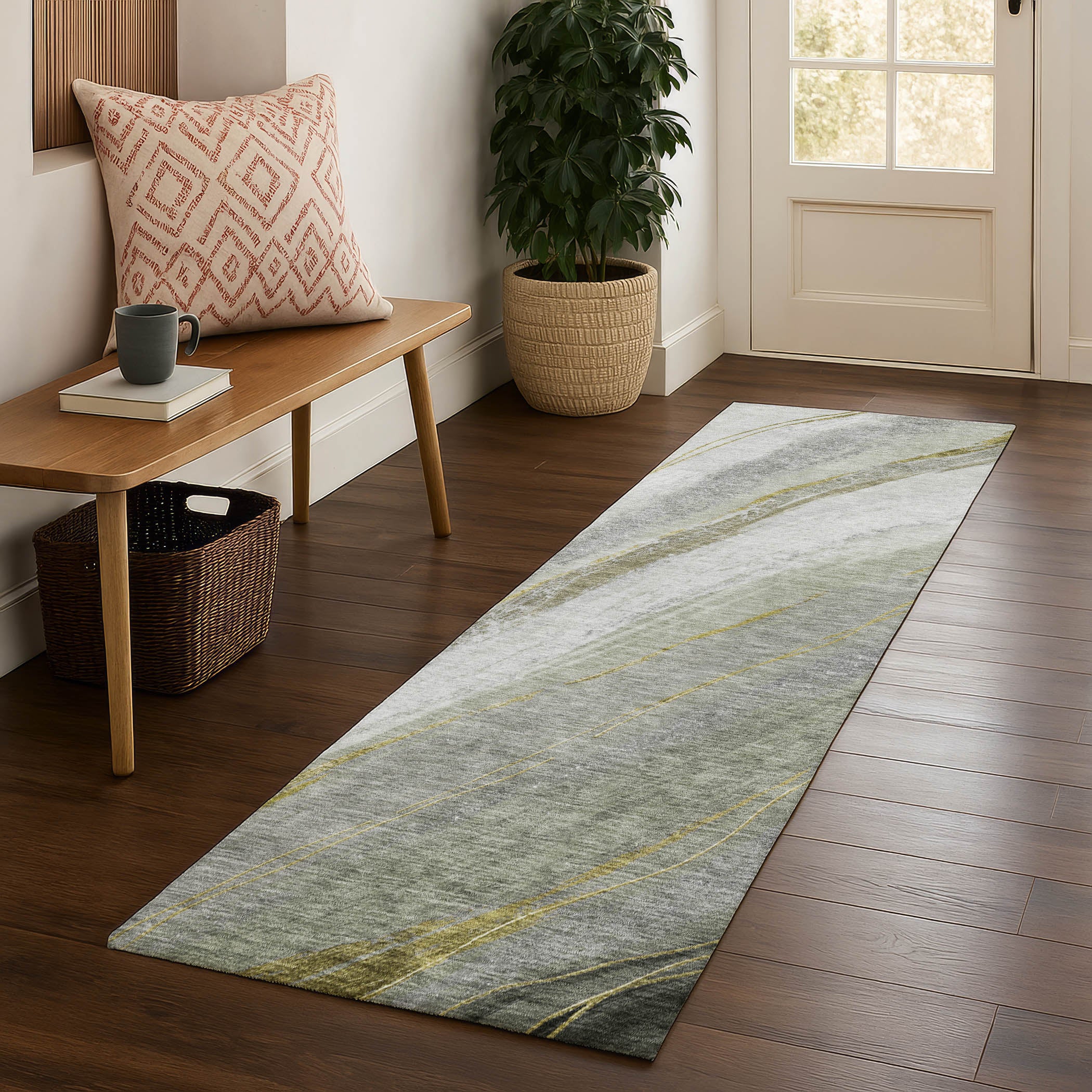 Kyoto Machine Washable Transitional Aloe Green Rug 2'3" x 7'6" #shape_Runner