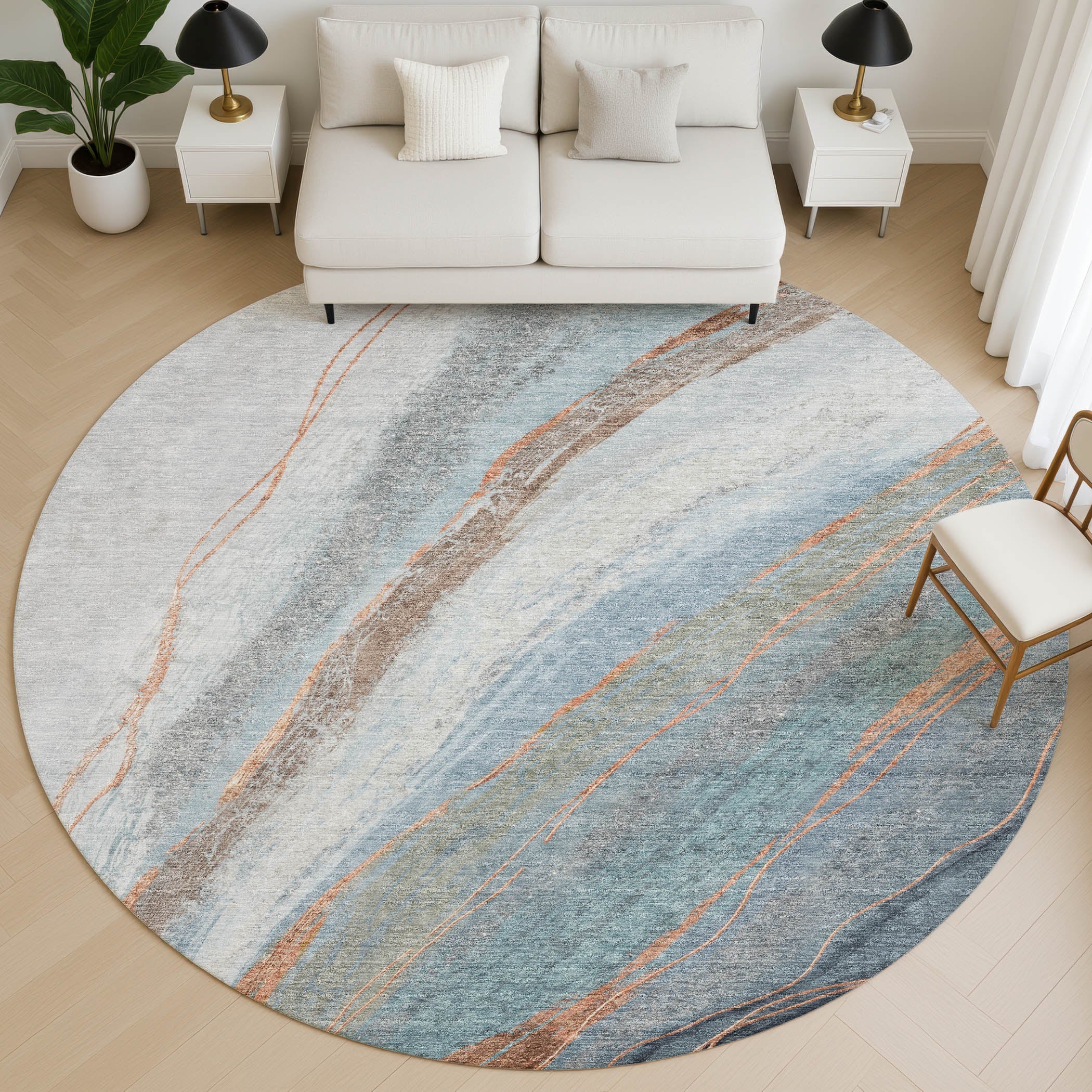 Kyoto Machine Washable Transitional Blue Rug 8' x 8' #shape_Round