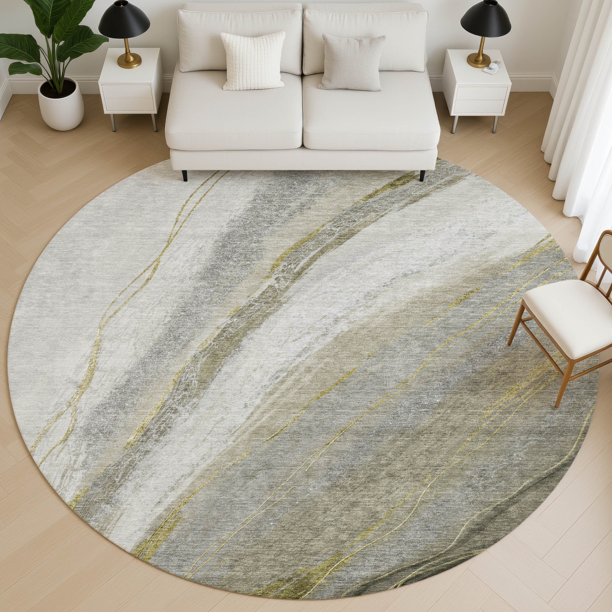 Kyoto Machine Washable Transitional Pewter Gray Rug 8' x 8' #shape_Round