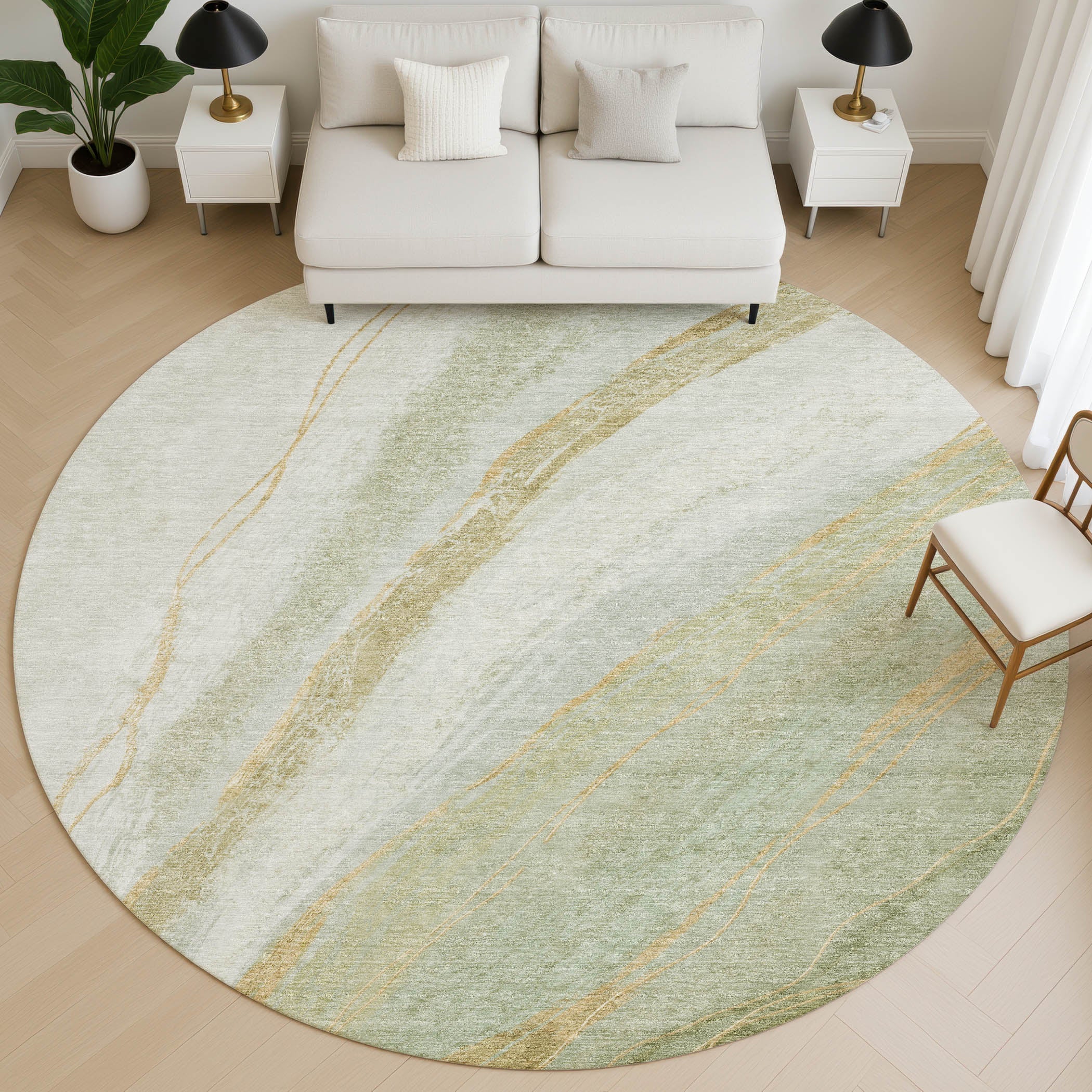 Kyoto Machine Washable Transitional Sage Green Rug 8' x 8' #shape_Round