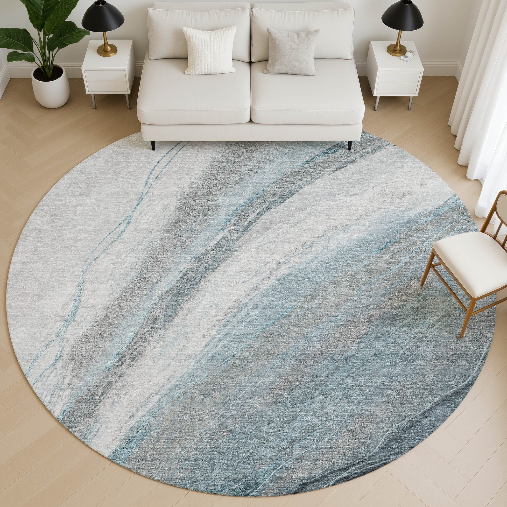 Kyoto Machine Washable Transitional Teal Rug 8' x 8' #shape_Round