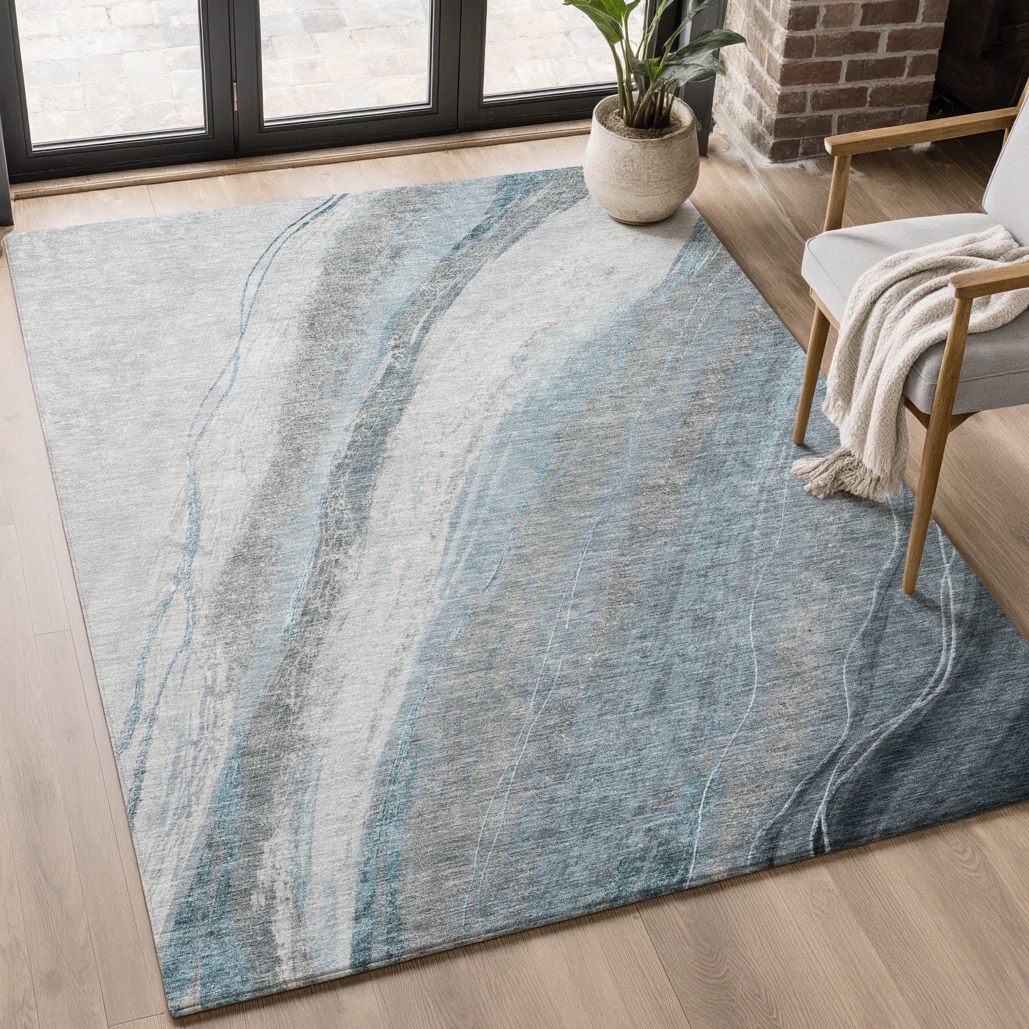 Kyoto Machine Washable Transitional Teal Rug 2'6" x 3'10" #shape_Rectangle