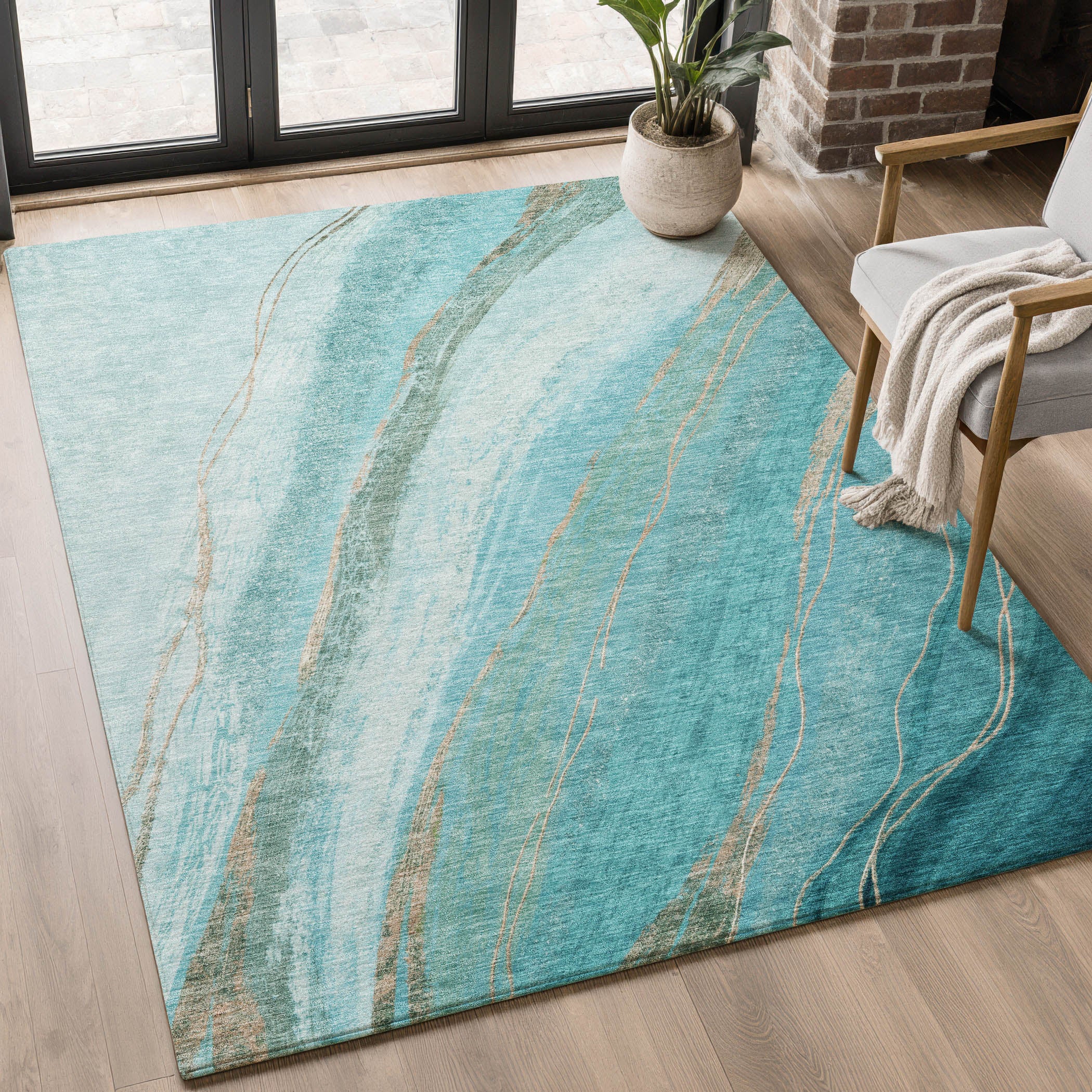 Kyoto Machine Washable Transitional Turquoise Teal Rug 2'6" x 3'10" #shape_Rectangle
