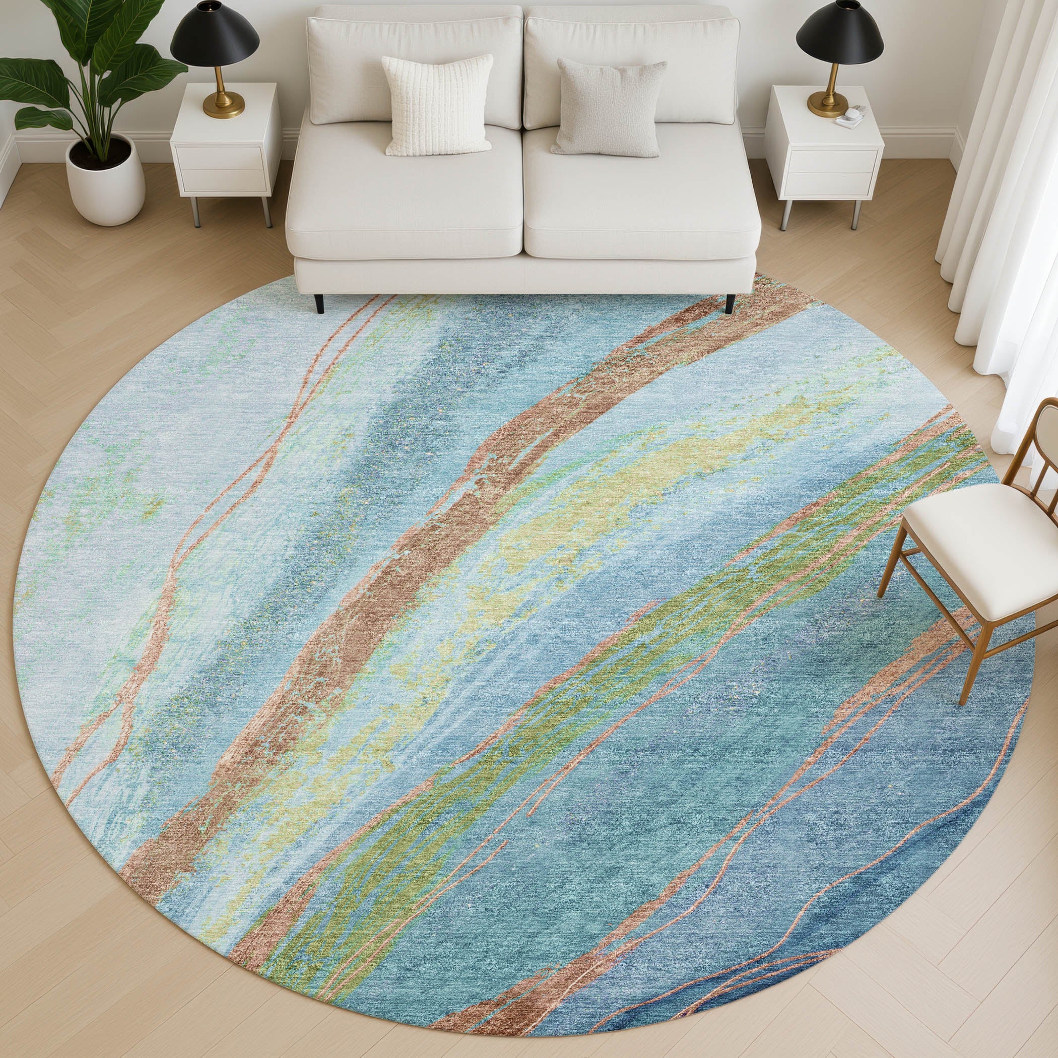 Florence Machine Washable Transitional Blue Rug 8' x 8' #shape_Round