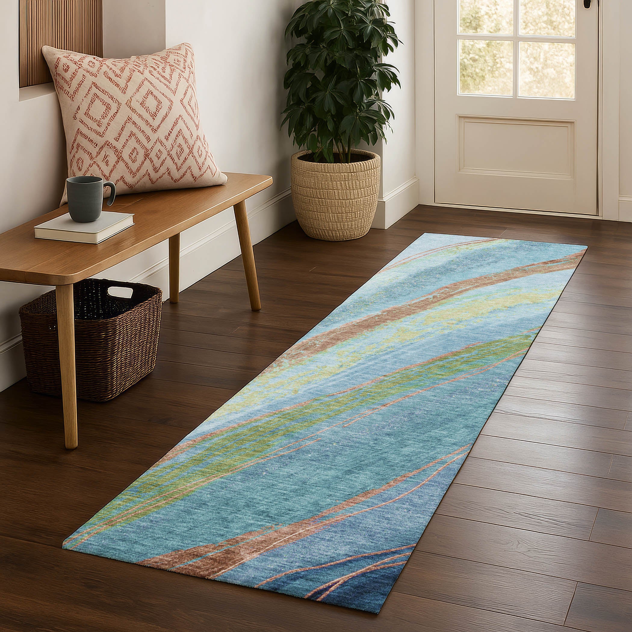 Florence Machine Washable Transitional Blue Rug 2'3" x 7'6" #shape_Runner