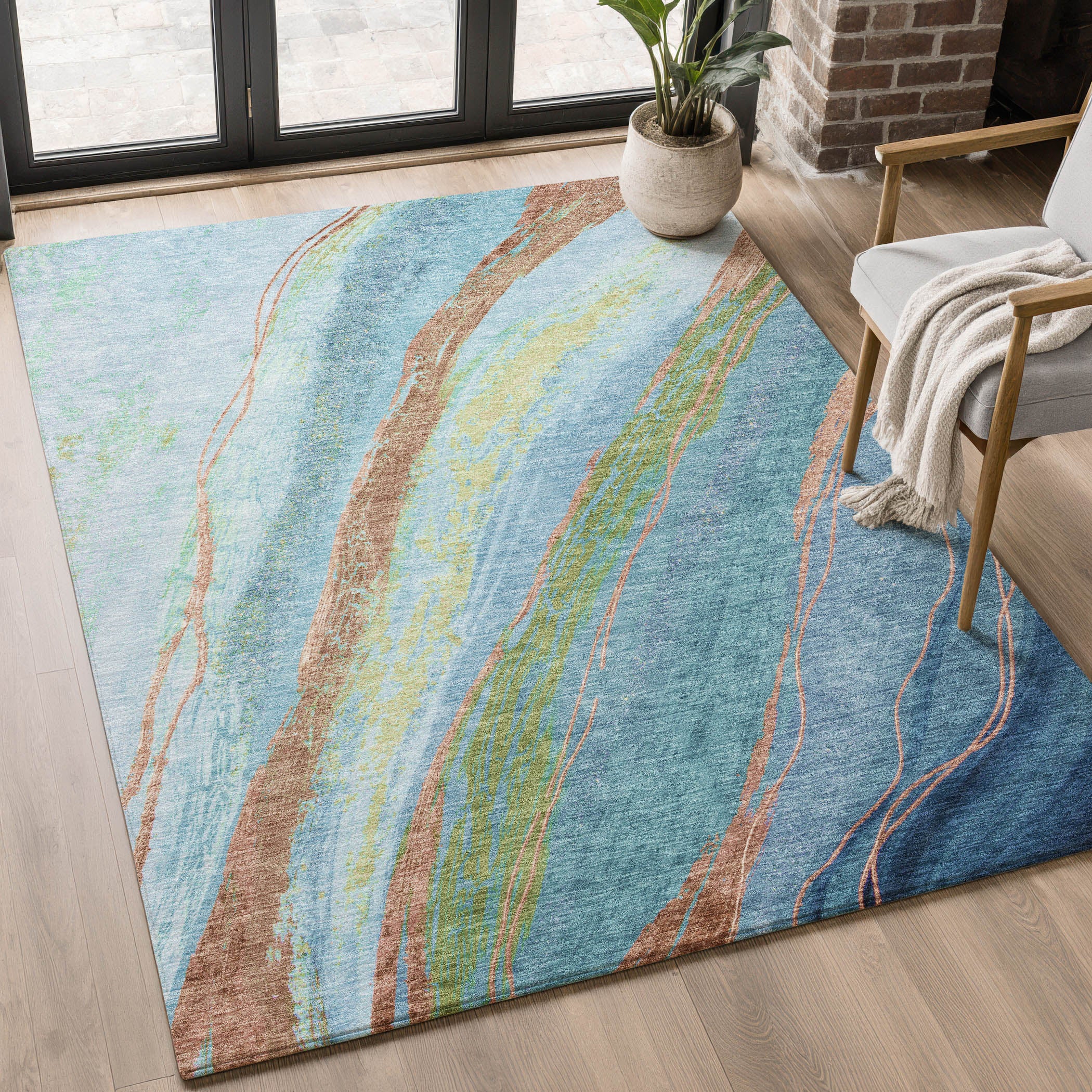 Florence Machine Washable Transitional Blue Rug 2'6" x 3'10" #shape_Rectangle