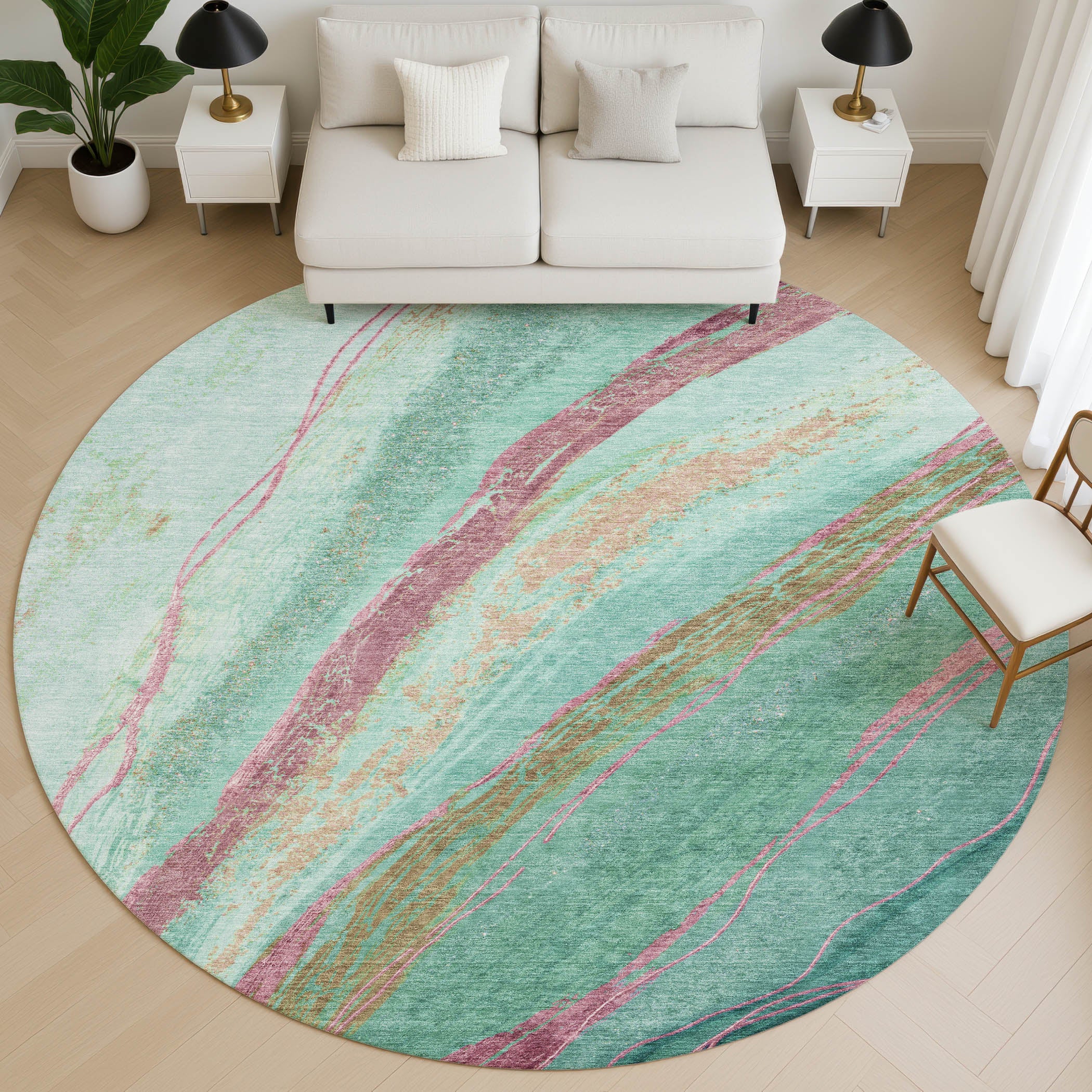 Florence Machine Washable Transitional Green Rug 8' x 8' #shape_Round