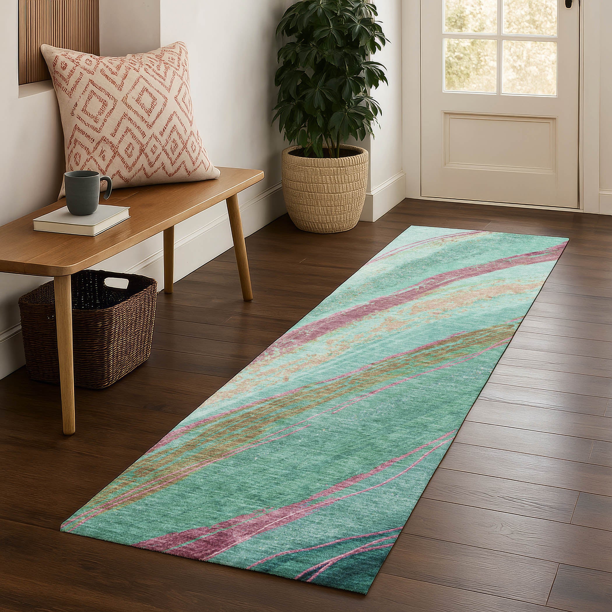 Florence Machine Washable Transitional Green Rug 2'3" x 7'6" #shape_Runner