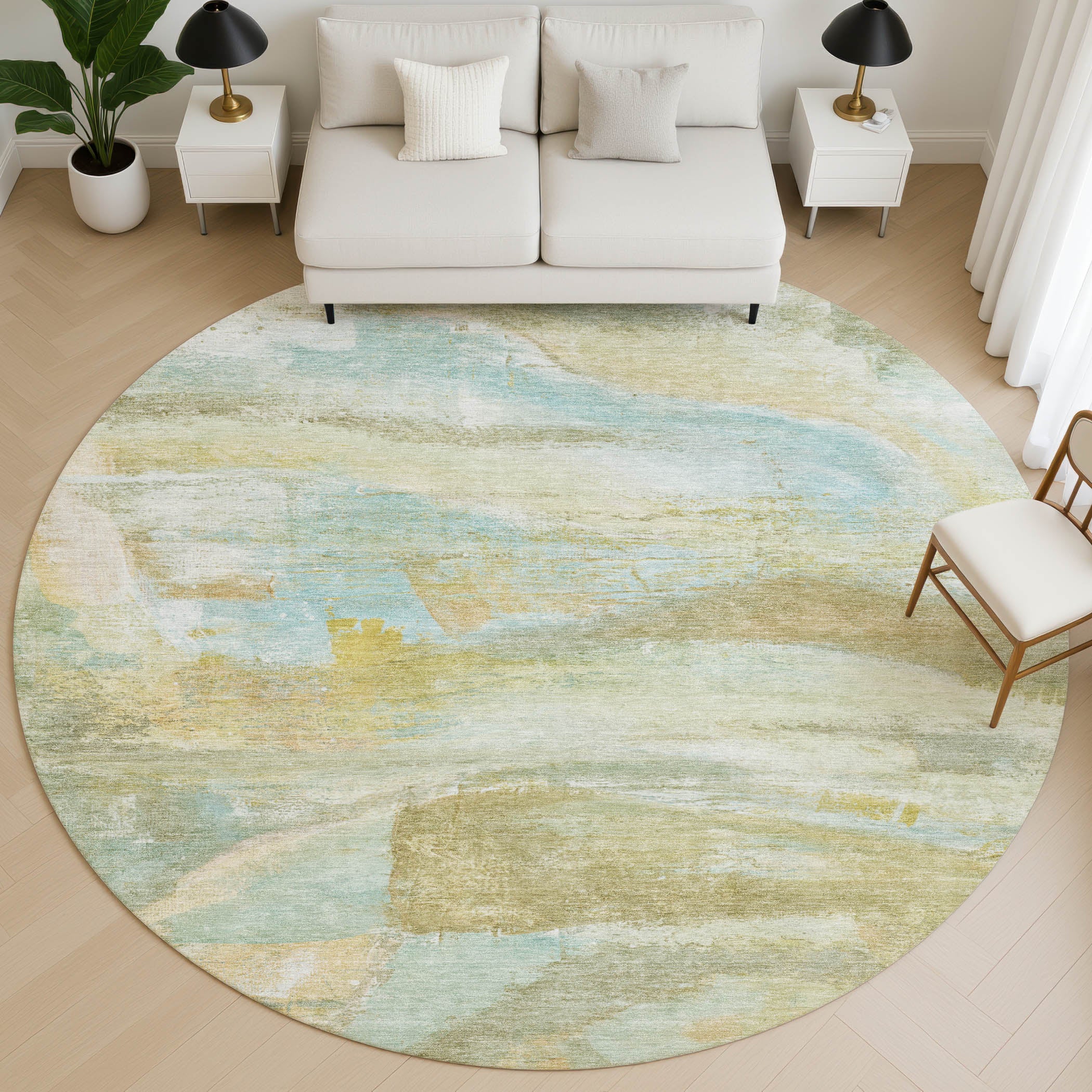 Lima Machine Washable Transitional Beige Brown Rug 8' x 8' #shape_Round