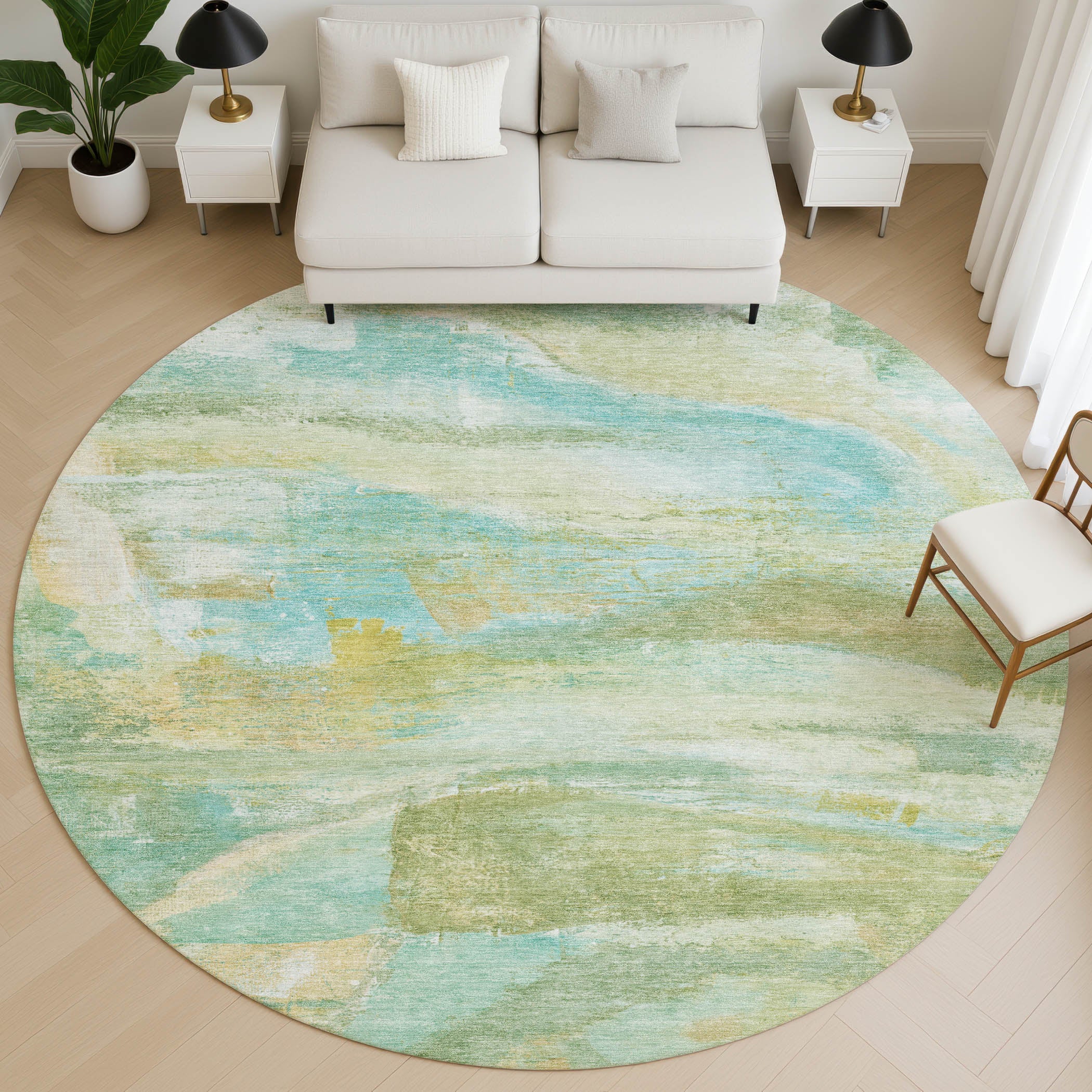Lima Machine Washable Transitional Green Rug 8' x 8' #shape_Round