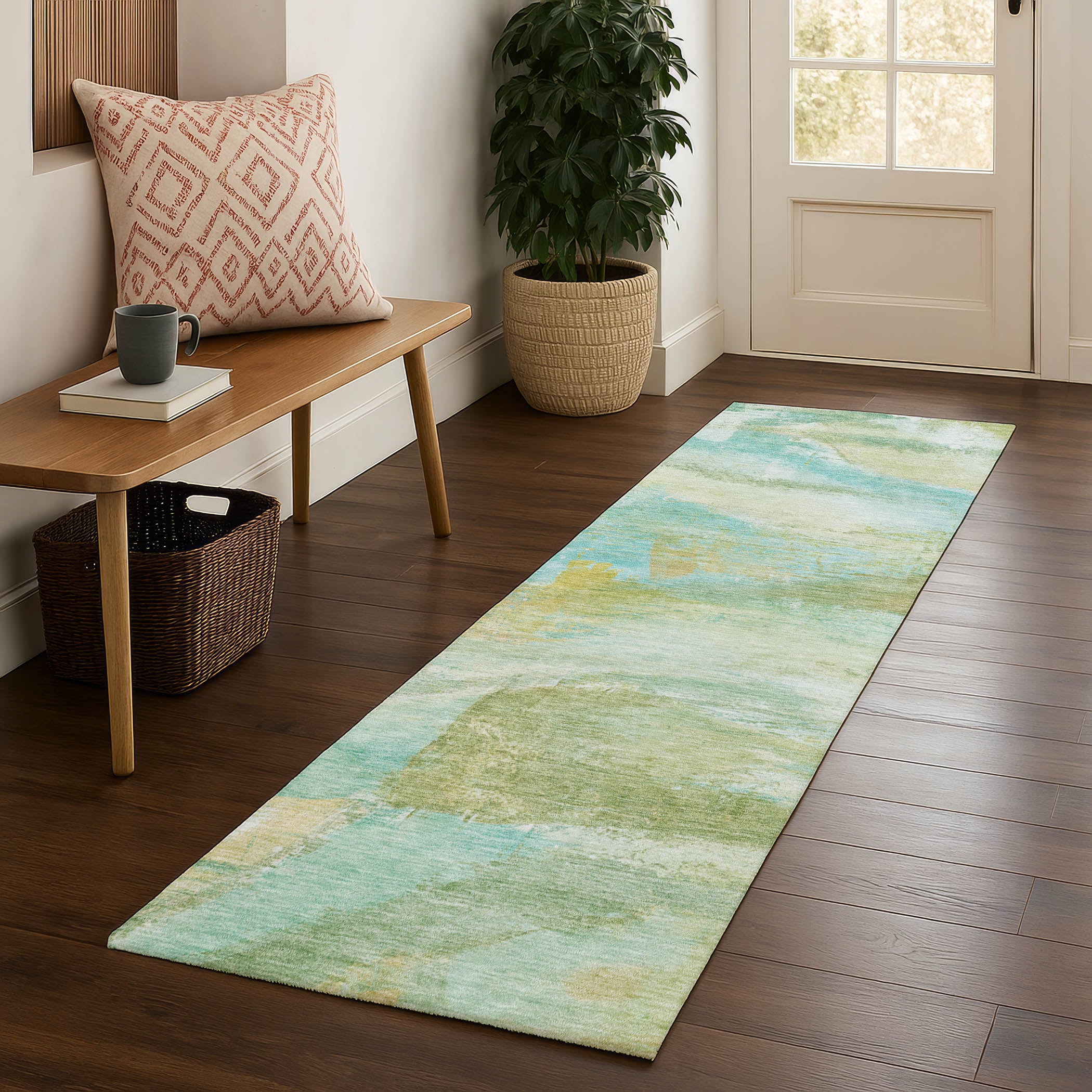 Lima Machine Washable Transitional Green Rug 2'3" x 7'6" #shape_Runner