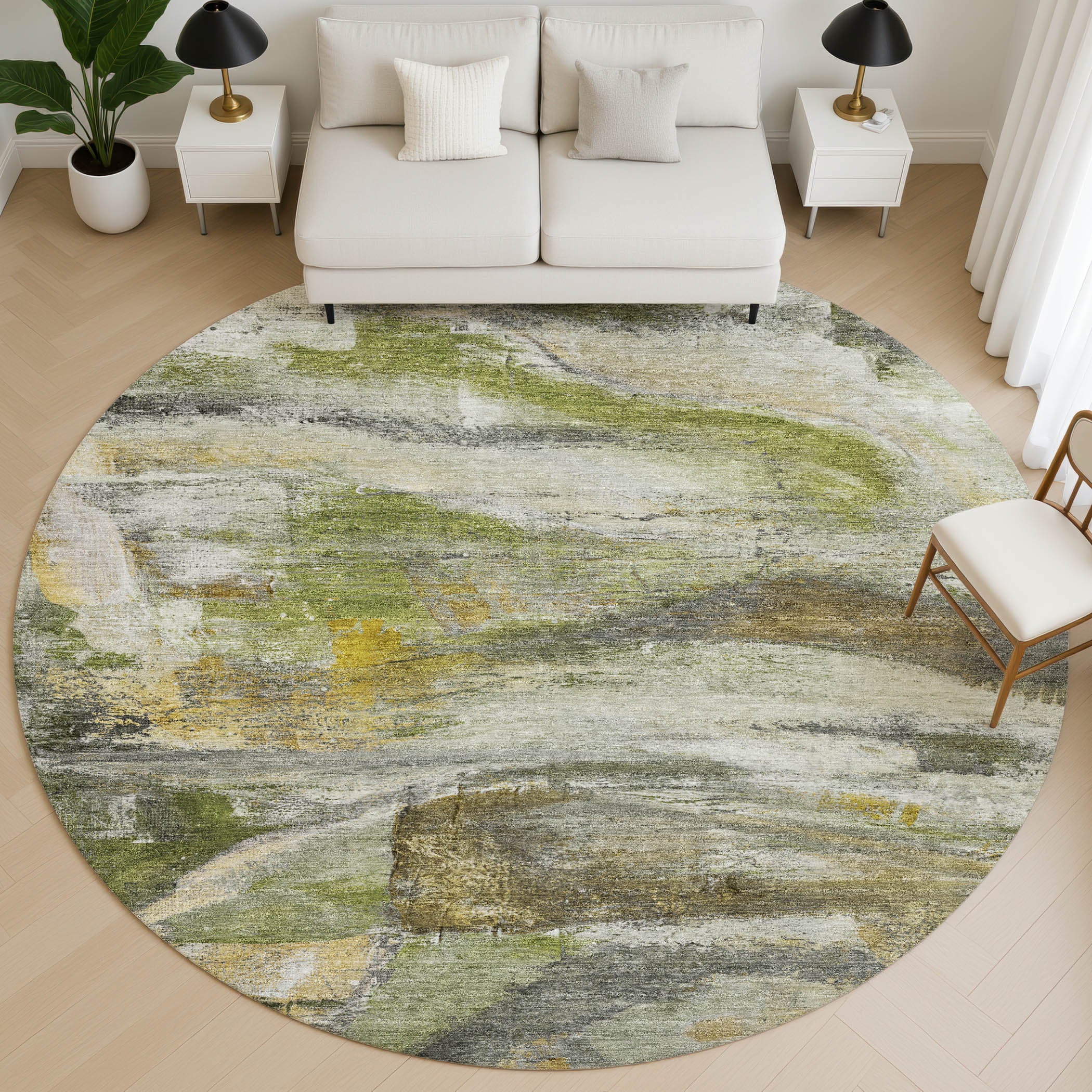 Lima Machine Washable Transitional Olive Green Rug 8' x 8' #shape_Round