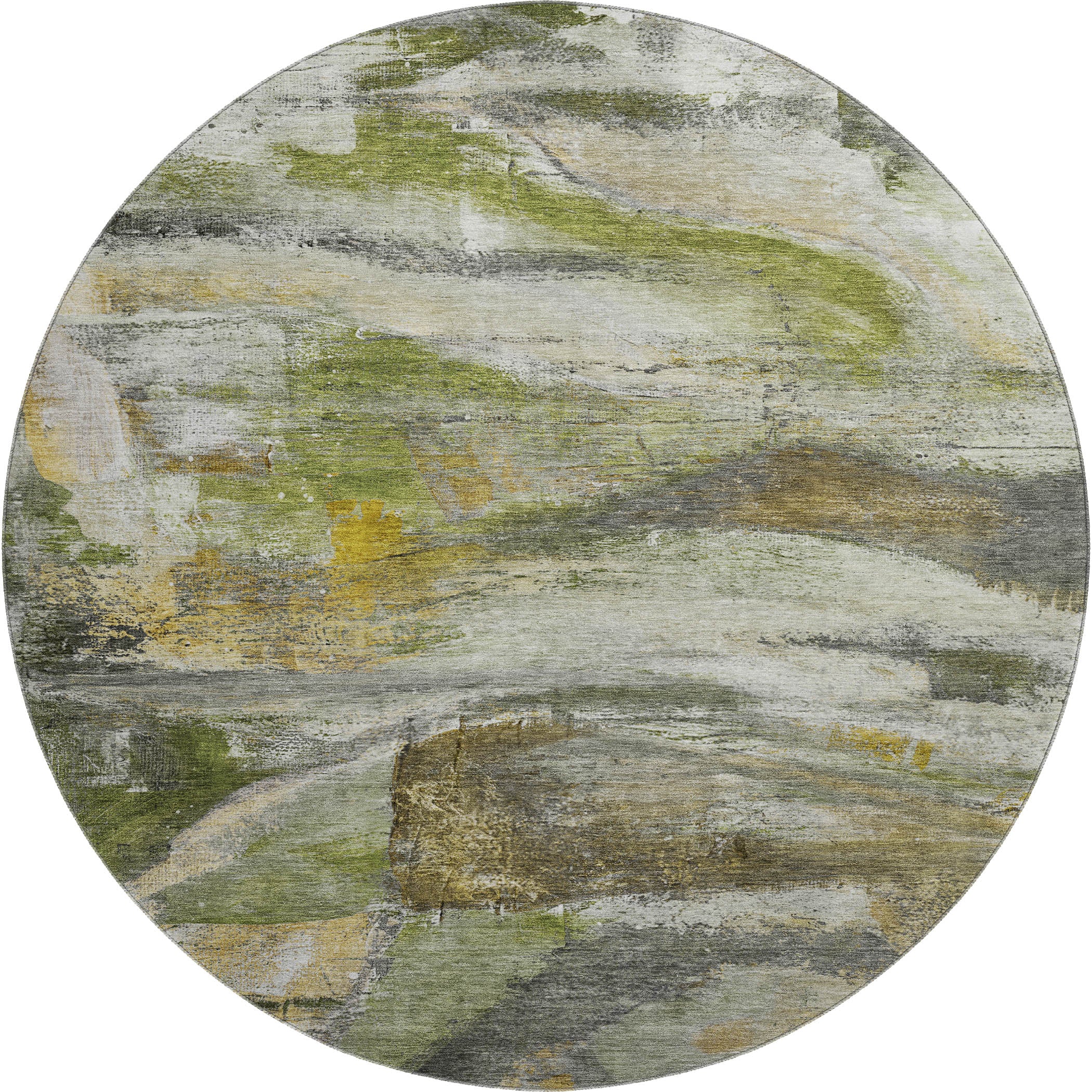 Lima Machine Washable Transitional Olive Green Rug 8' x 8' #shape_Round