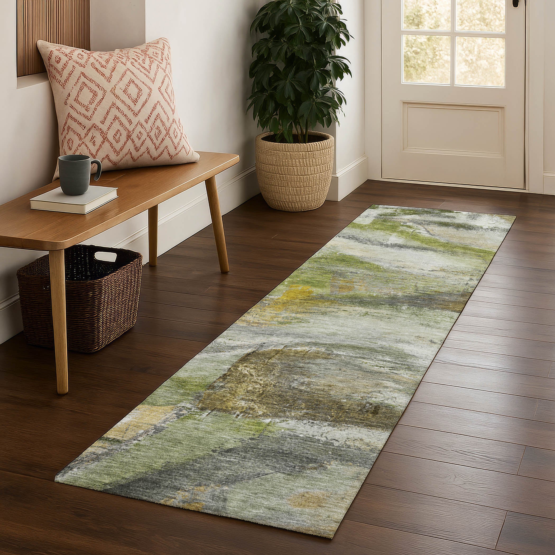 Lima Machine Washable Transitional Olive Green Rug 2'3" x 7'6" #shape_Runner