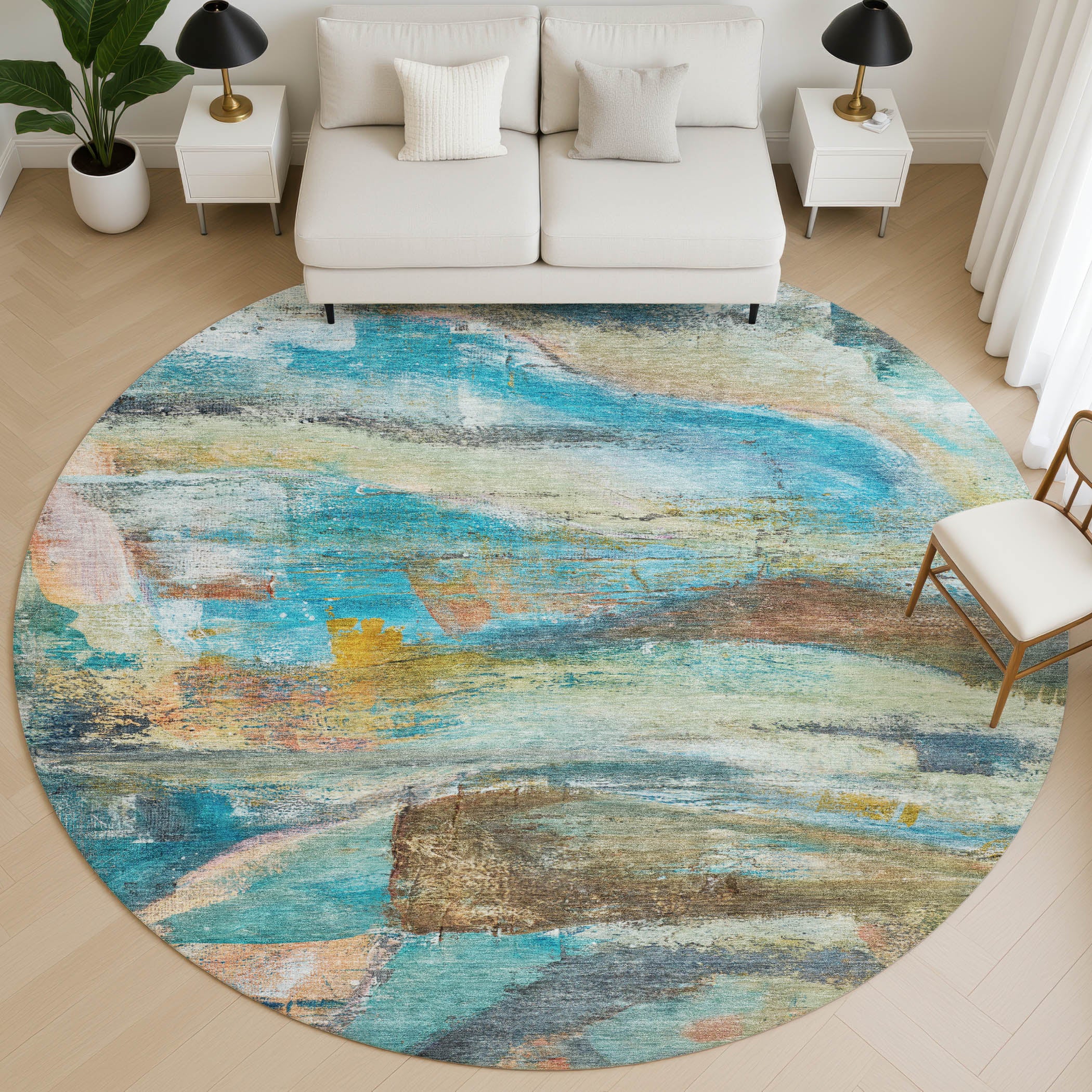 Lima Machine Washable Transitional Teal Rug 8' x 8' #shape_Round
