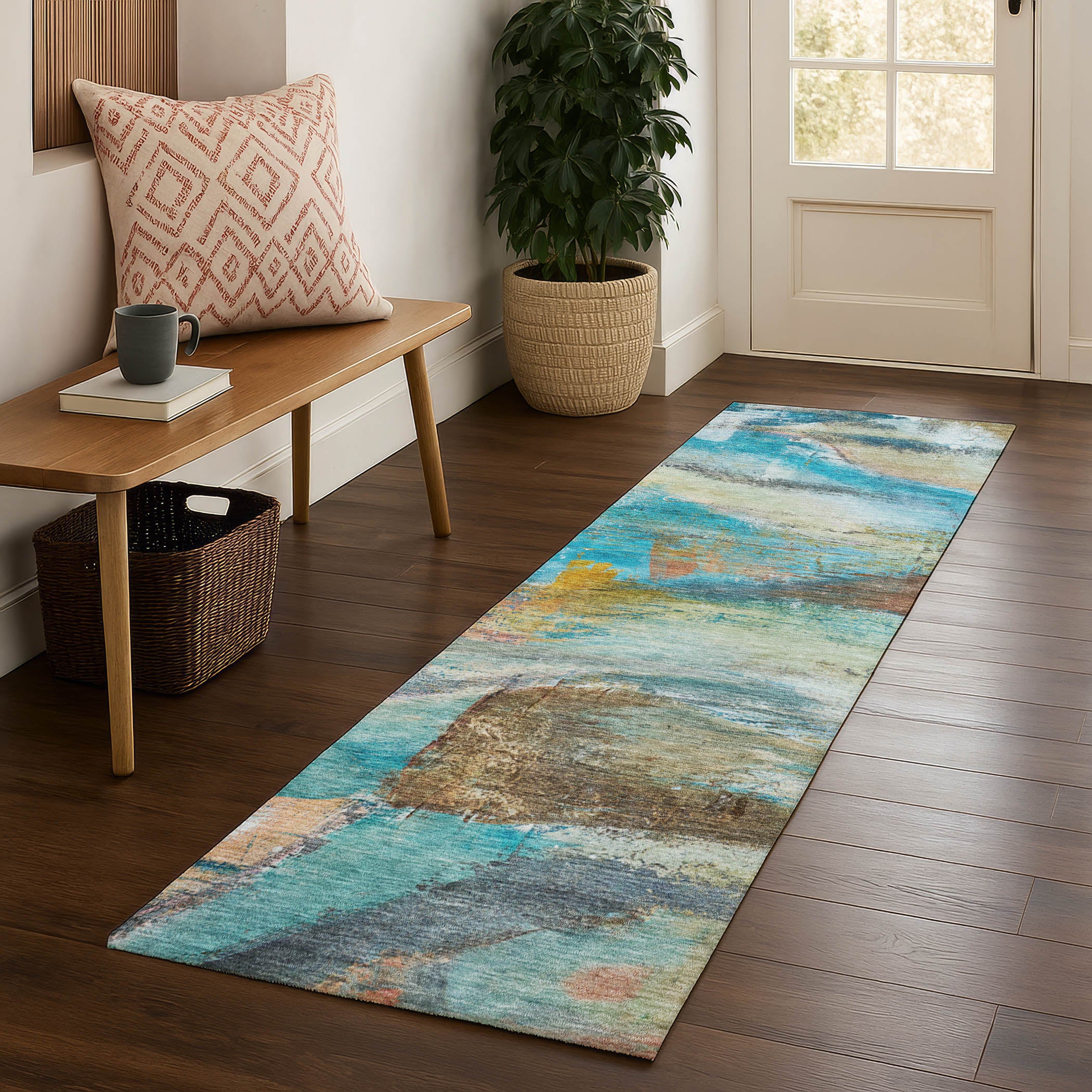 Lima Machine Washable Transitional Teal Rug 2'3" x 7'6" #shape_Runner