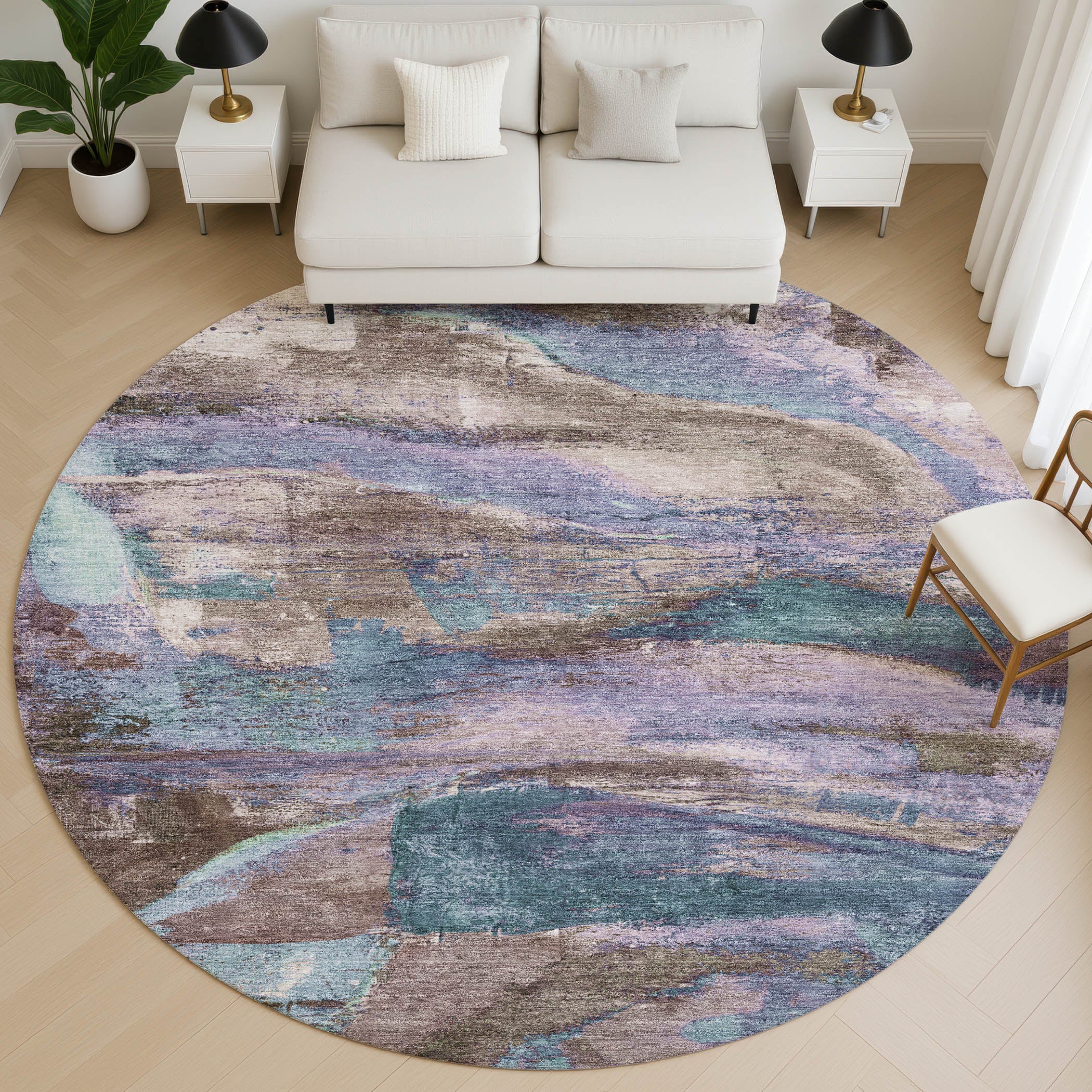 Cartagena Machine Washable Transitional Mocha Brown Rug 8' x 8' #shape_Round