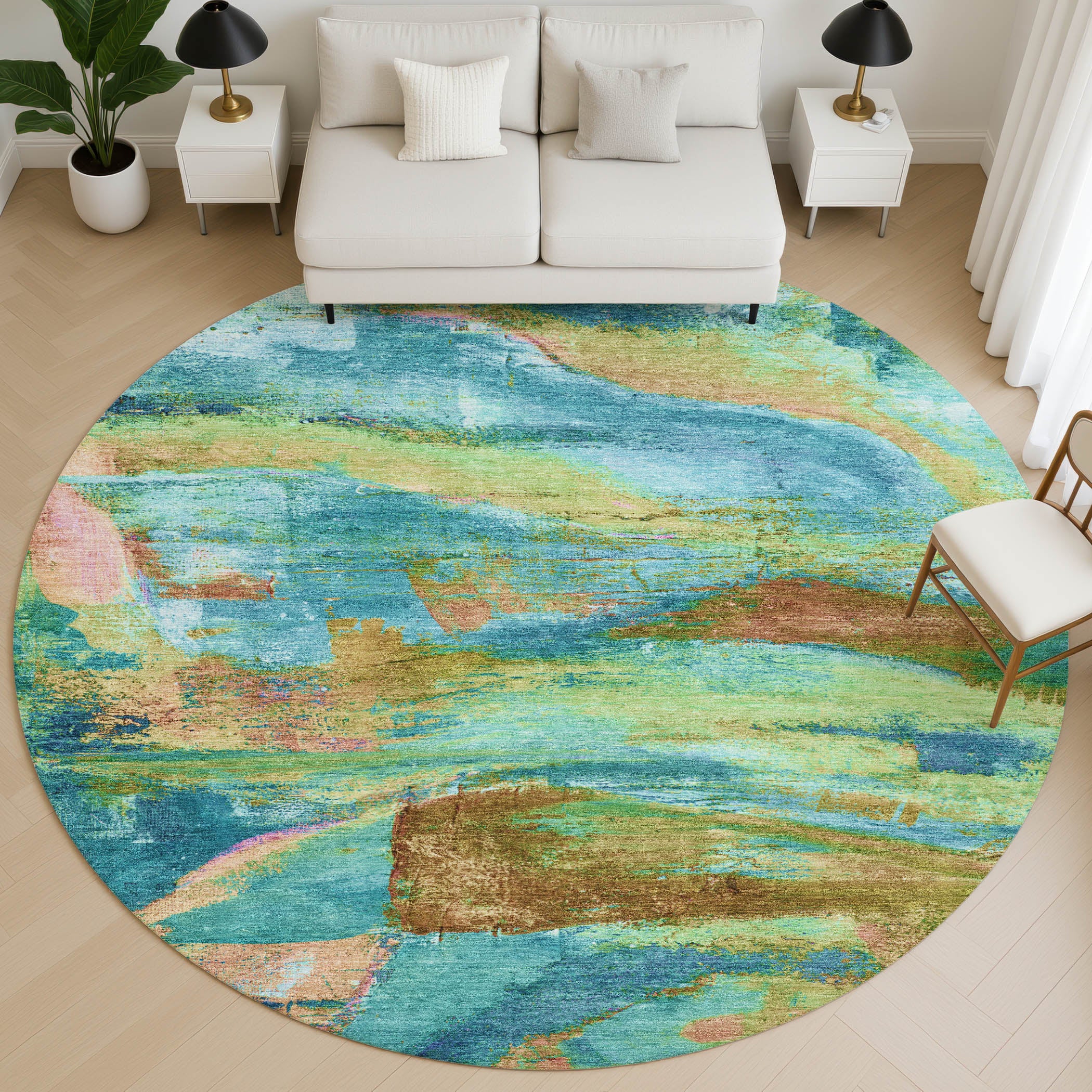 Cartagena Machine Washable Transitional Teal Rug 8' x 8' #shape_Round