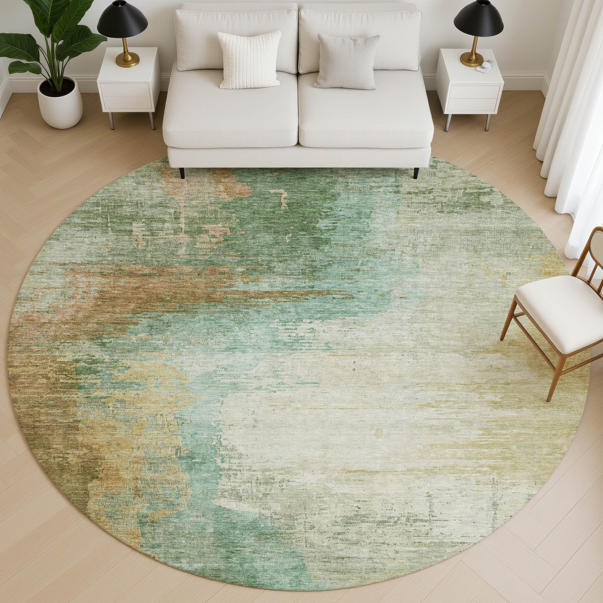 Rome Machine Washable Transitional Aloe Green Rug 8' x 8' #shape_Round