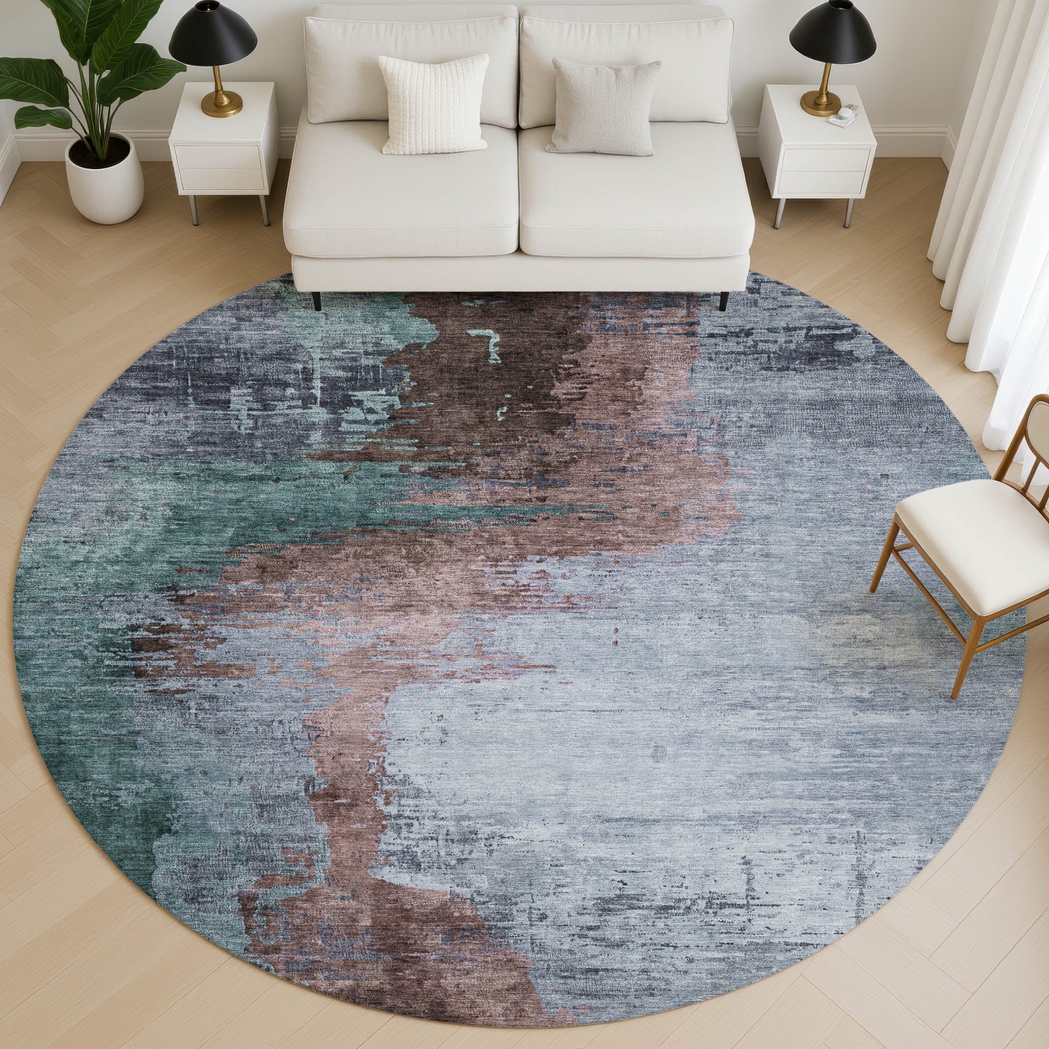 Rome Machine Washable Transitional Blue Rug 8' x 8' #shape_Round