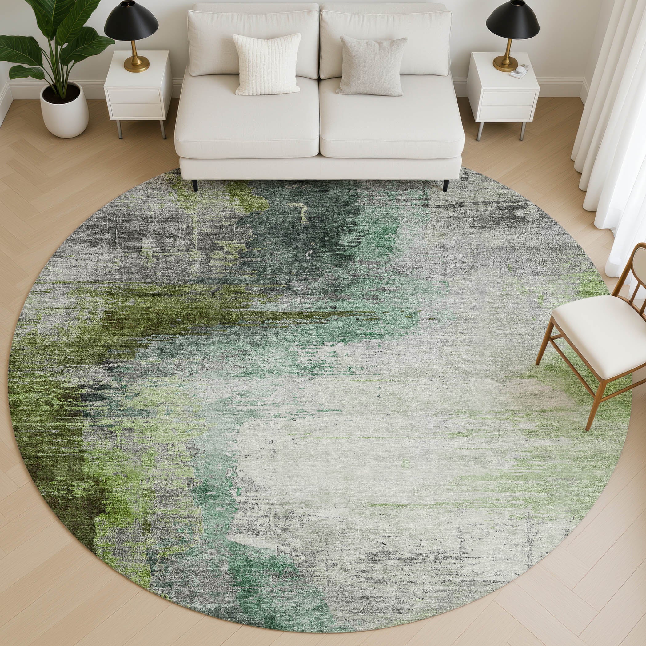 Rome Machine Washable Transitional Green Rug 8' x 8' #shape_Round