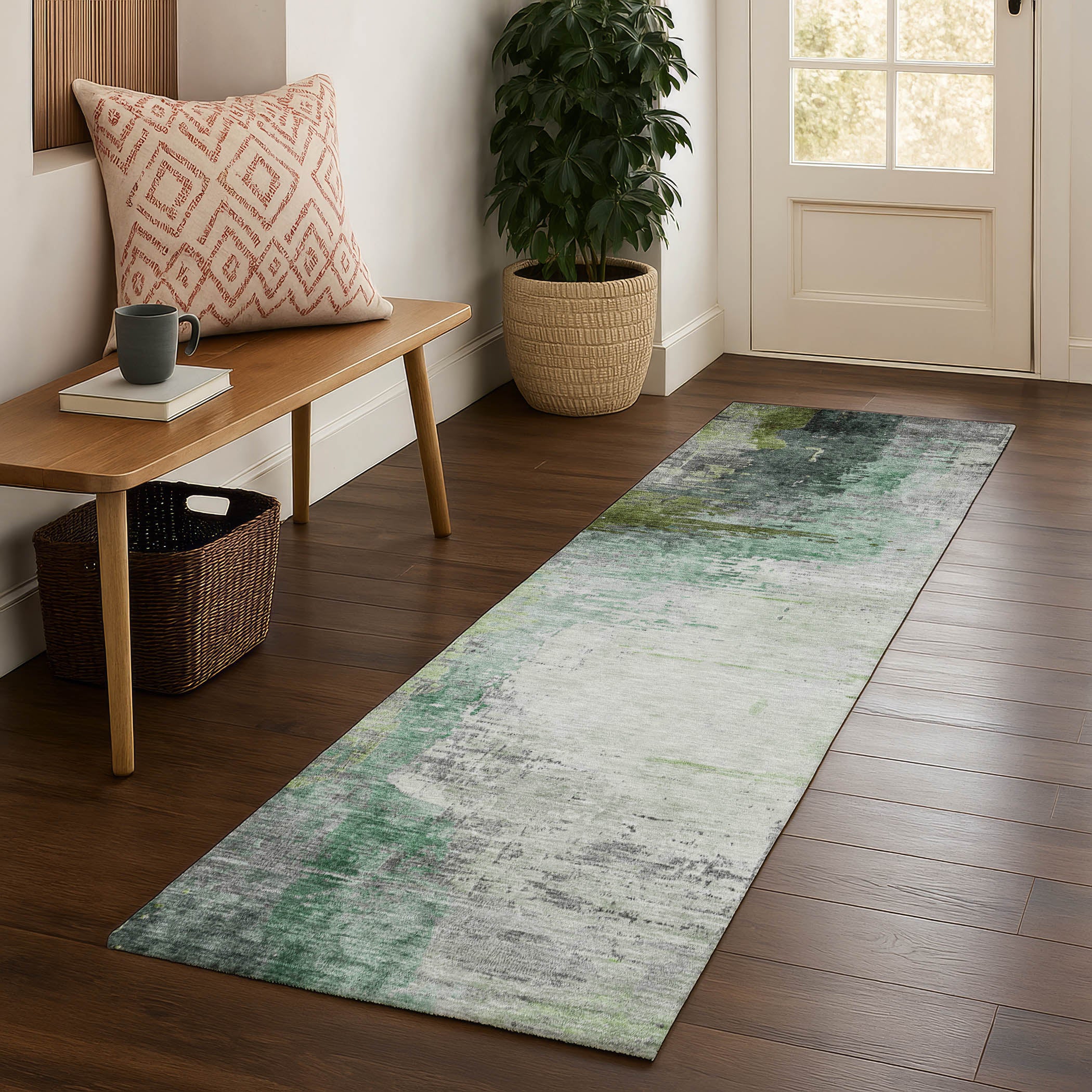 Rome Machine Washable Transitional Green Rug 2'3" x 7'6" #shape_Runner