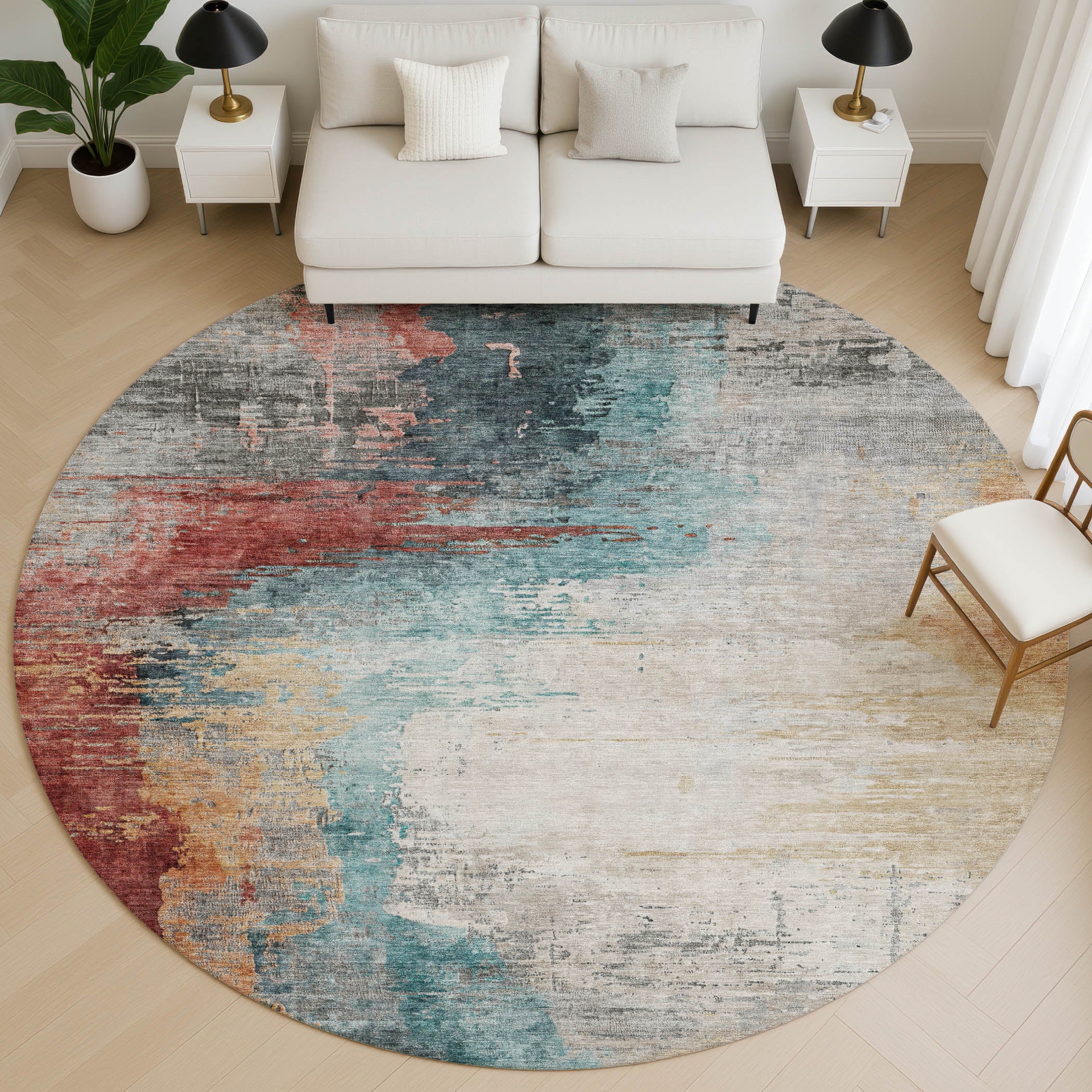 Rome Machine Washable Transitional Teal Rug 8' x 8' #shape_Round