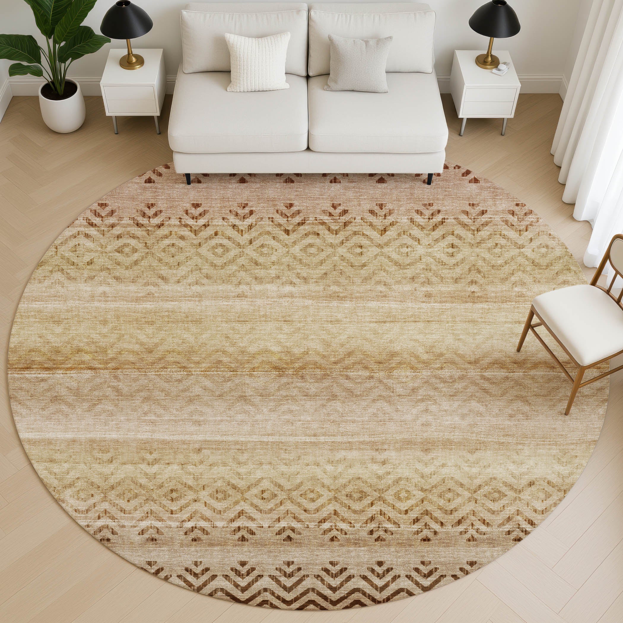 Queenstown Machine Washable Transitional Beige Brown Rug 8' x 8' #shape_Round