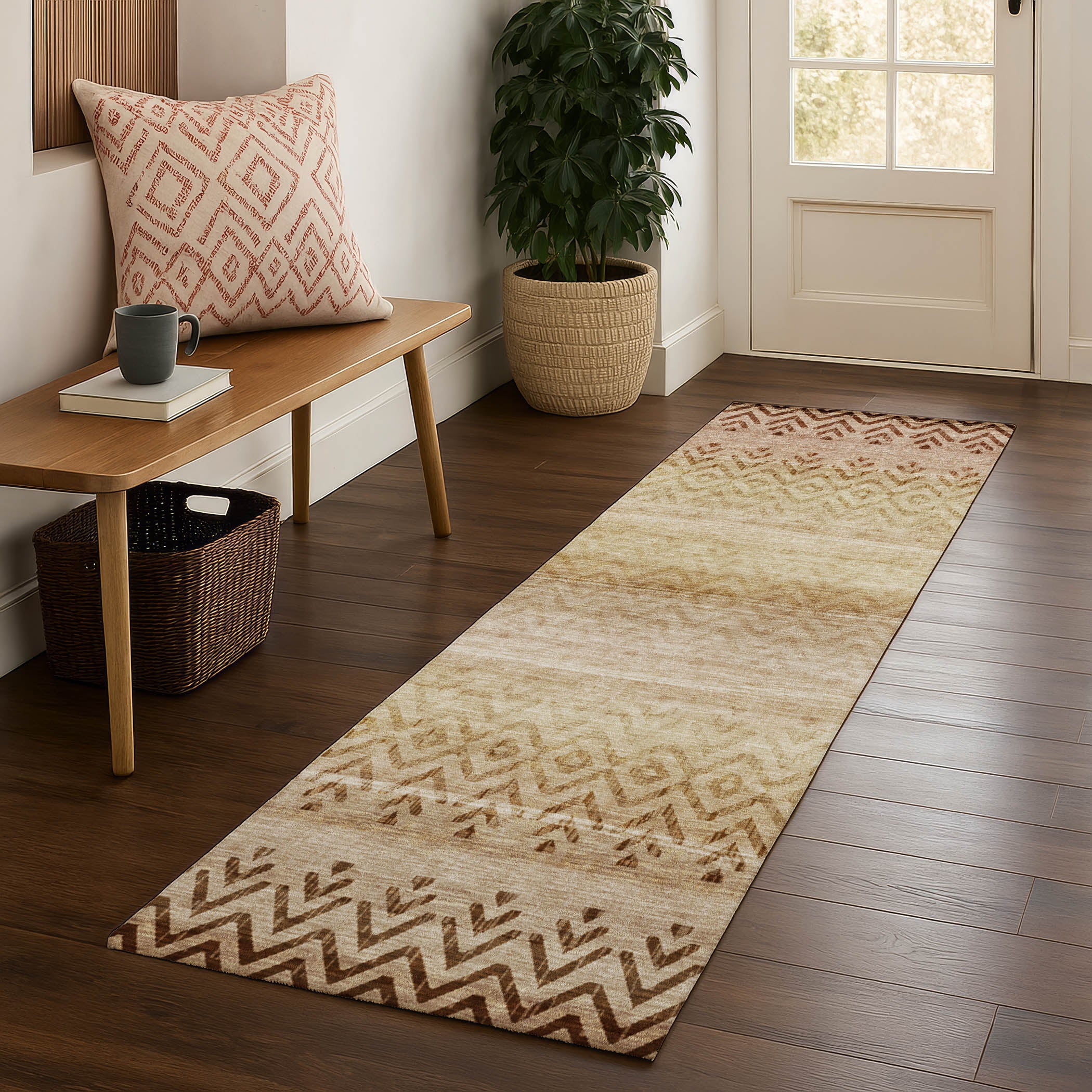 Queenstown Machine Washable Transitional Beige Brown Rug 2'3" x 7'6" #shape_Runner